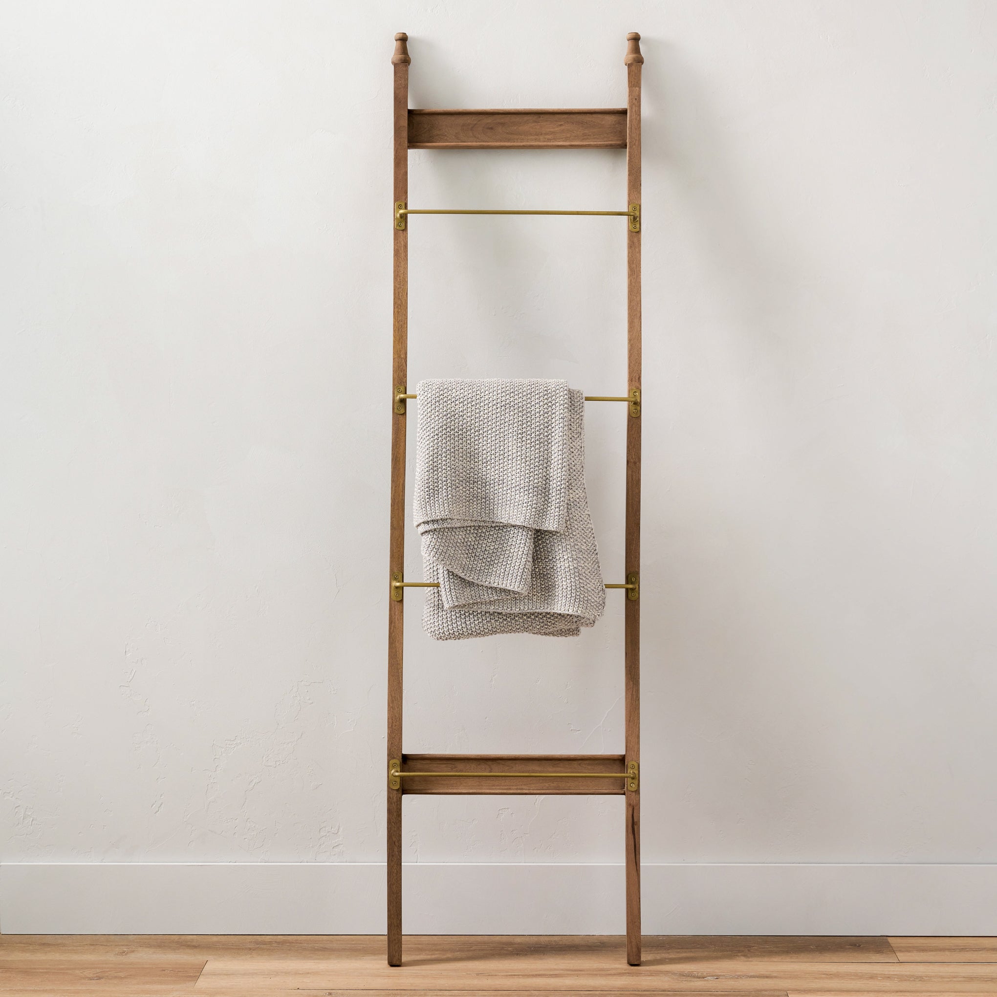 Brass and Wood Library Ladder with blanket hanging