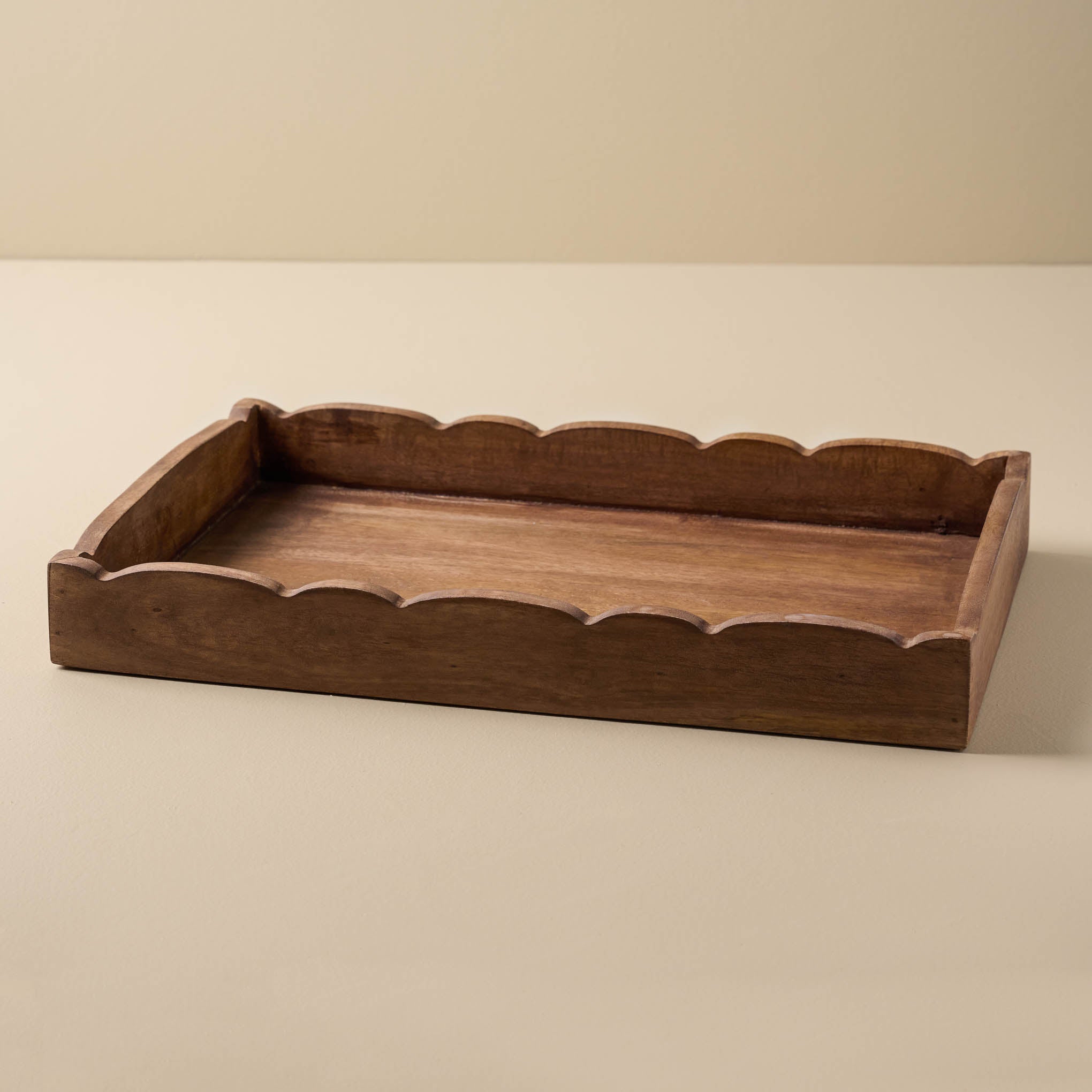 rectangular antiqued wood tray with scalloped edge $36.00