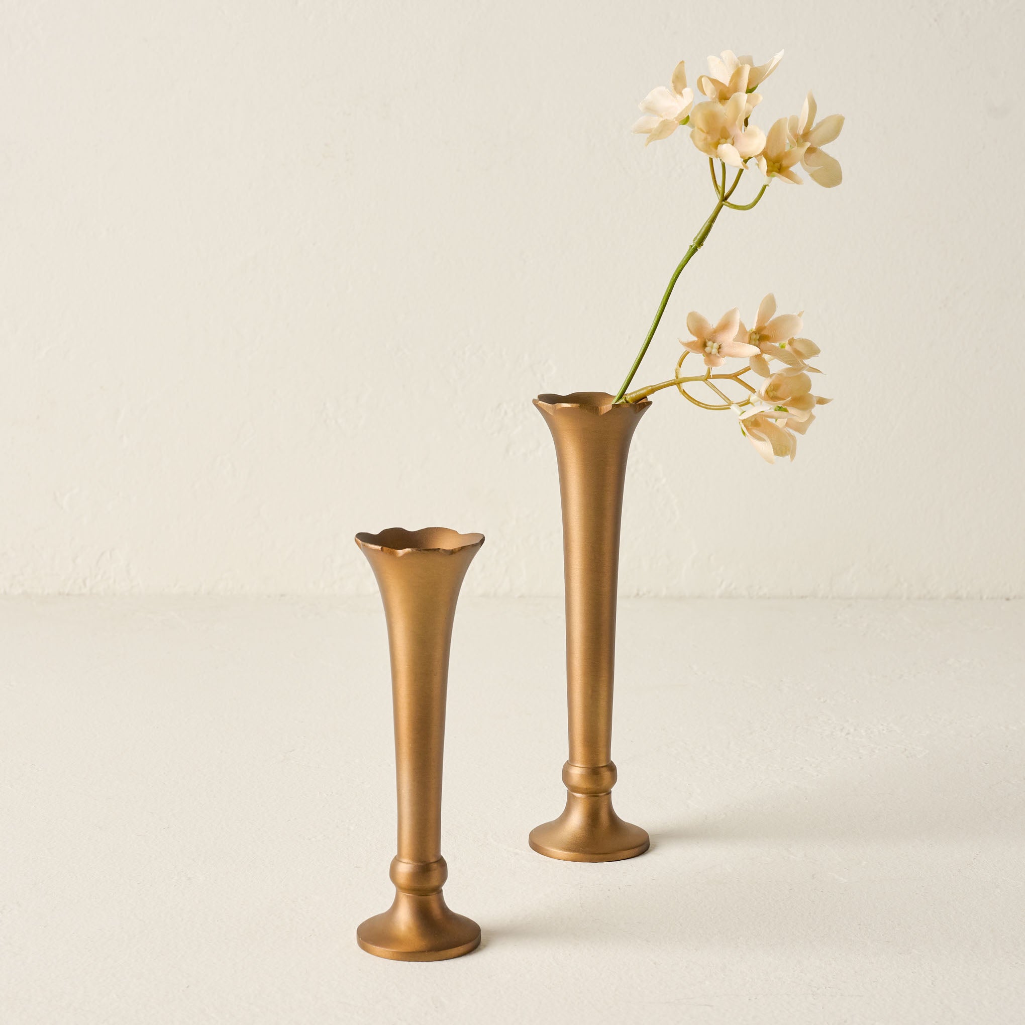 Flannery Scalloped Brass Bud Vase with faux florals inside