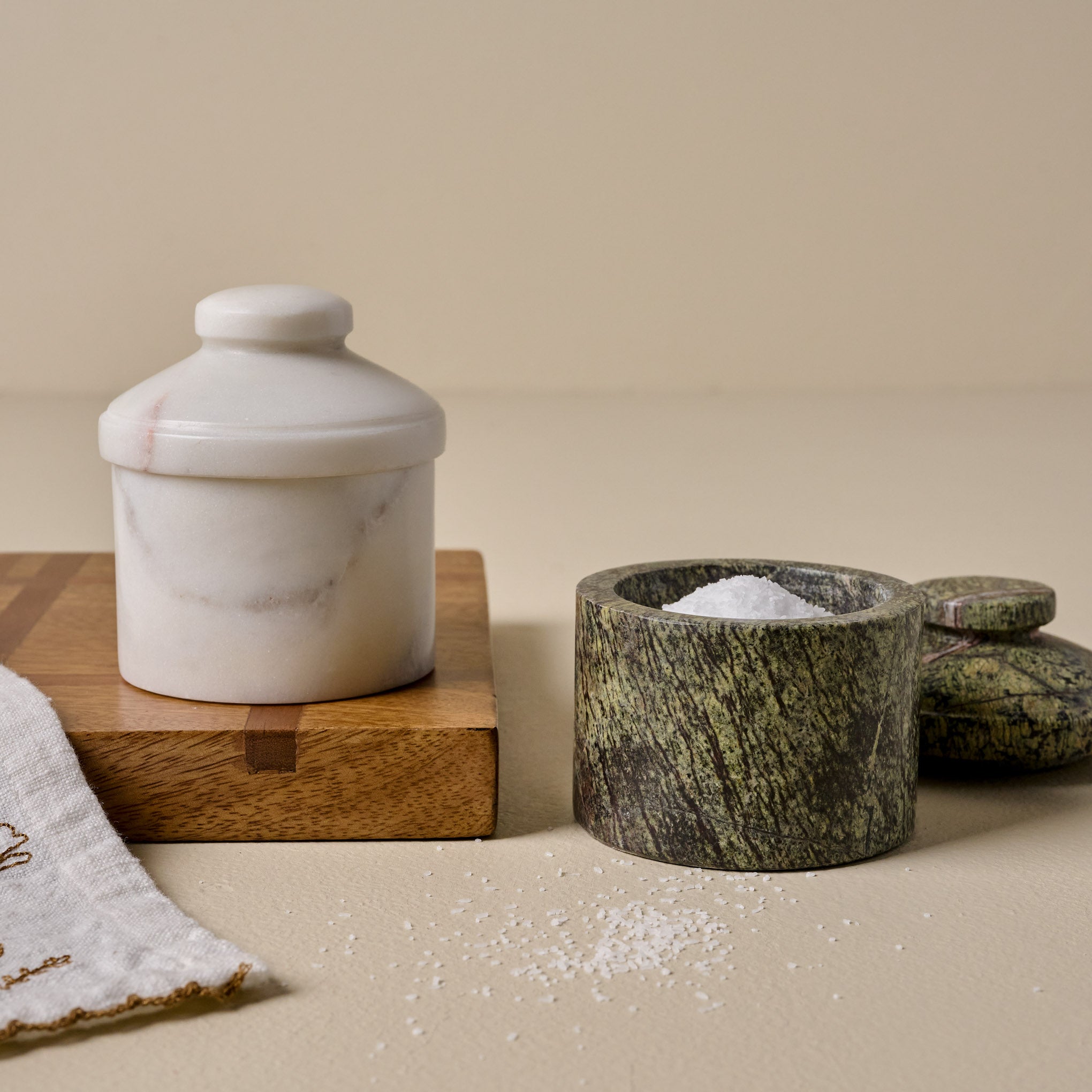 Marble Salt & Pepper Pinch Pot Set shown with serving board