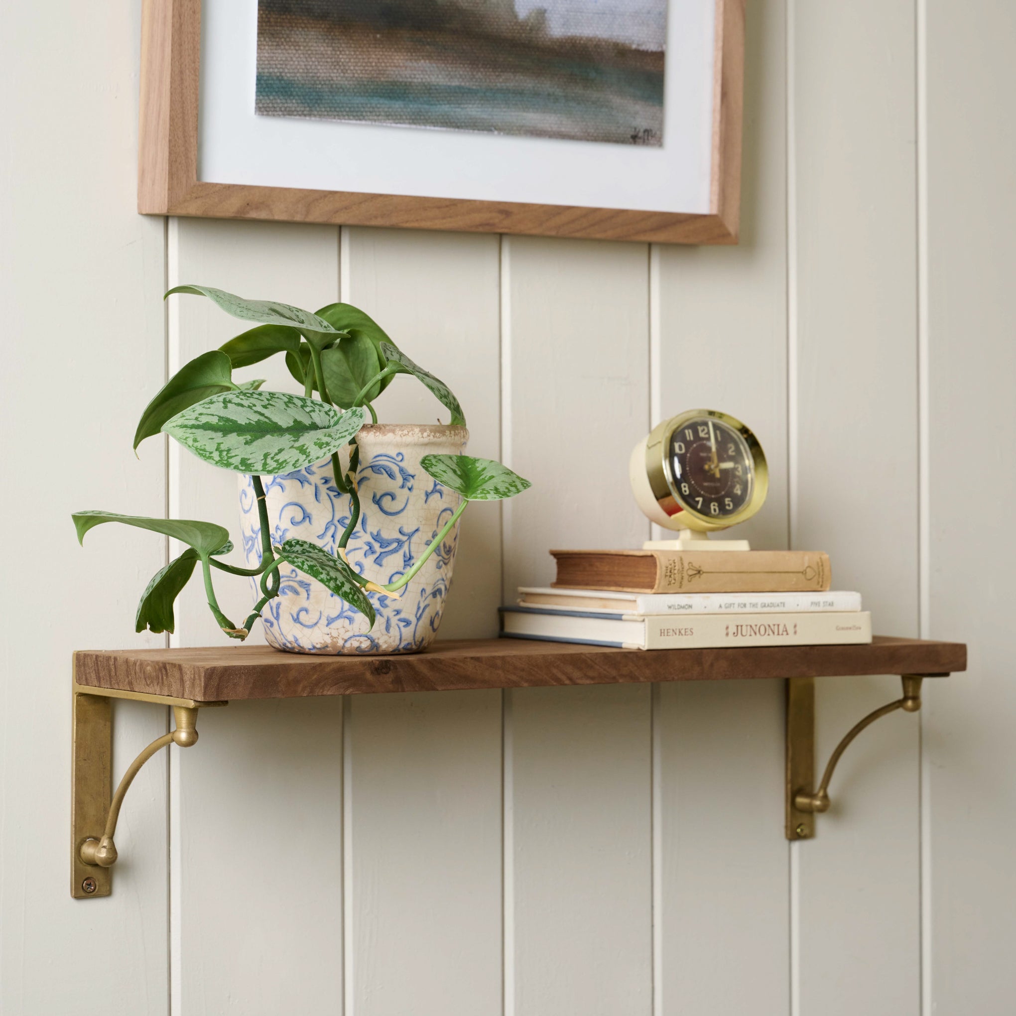 Single Parker Brass and Wood Shelf