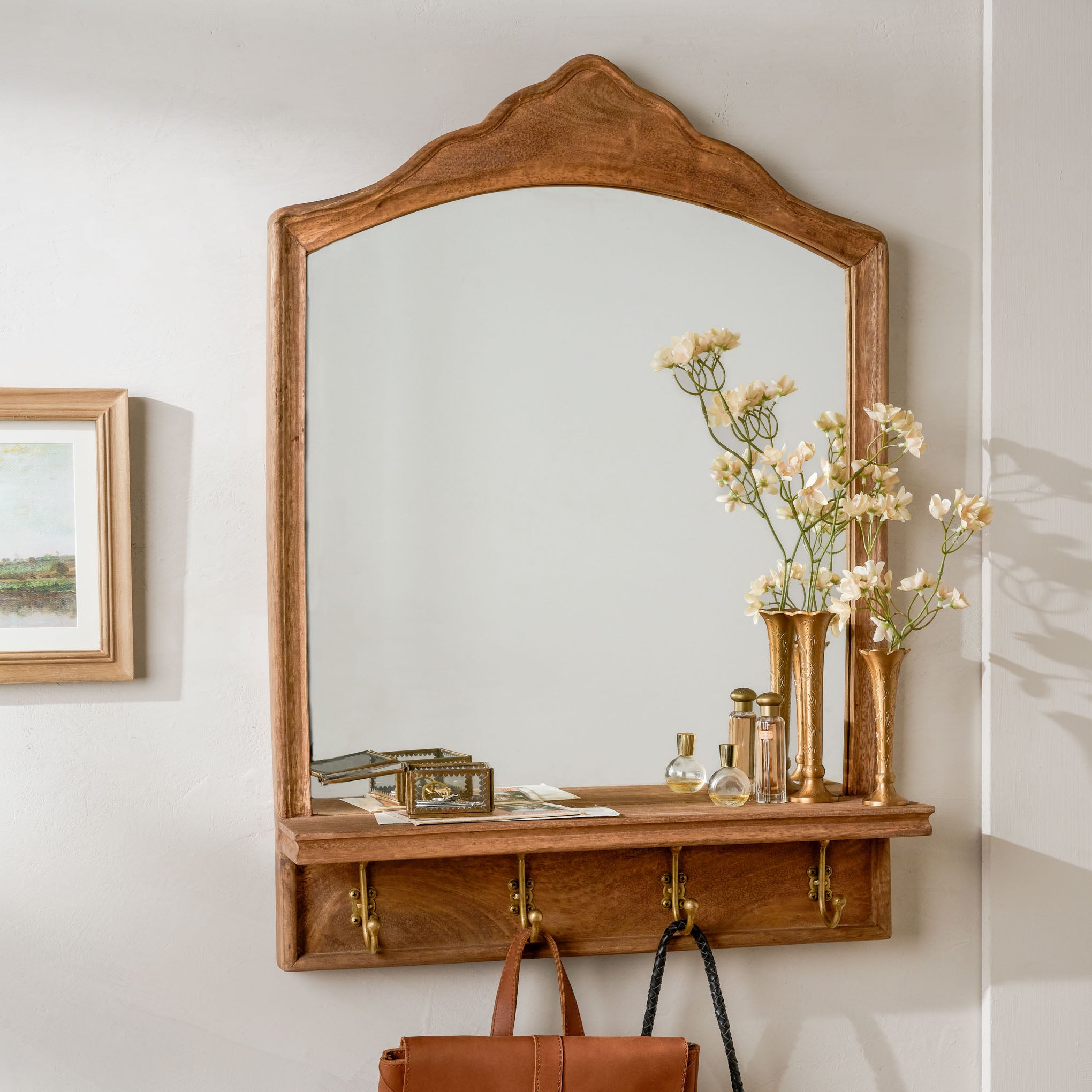 James Mirror with Hooks and Shelf with vase and flowers on shelf