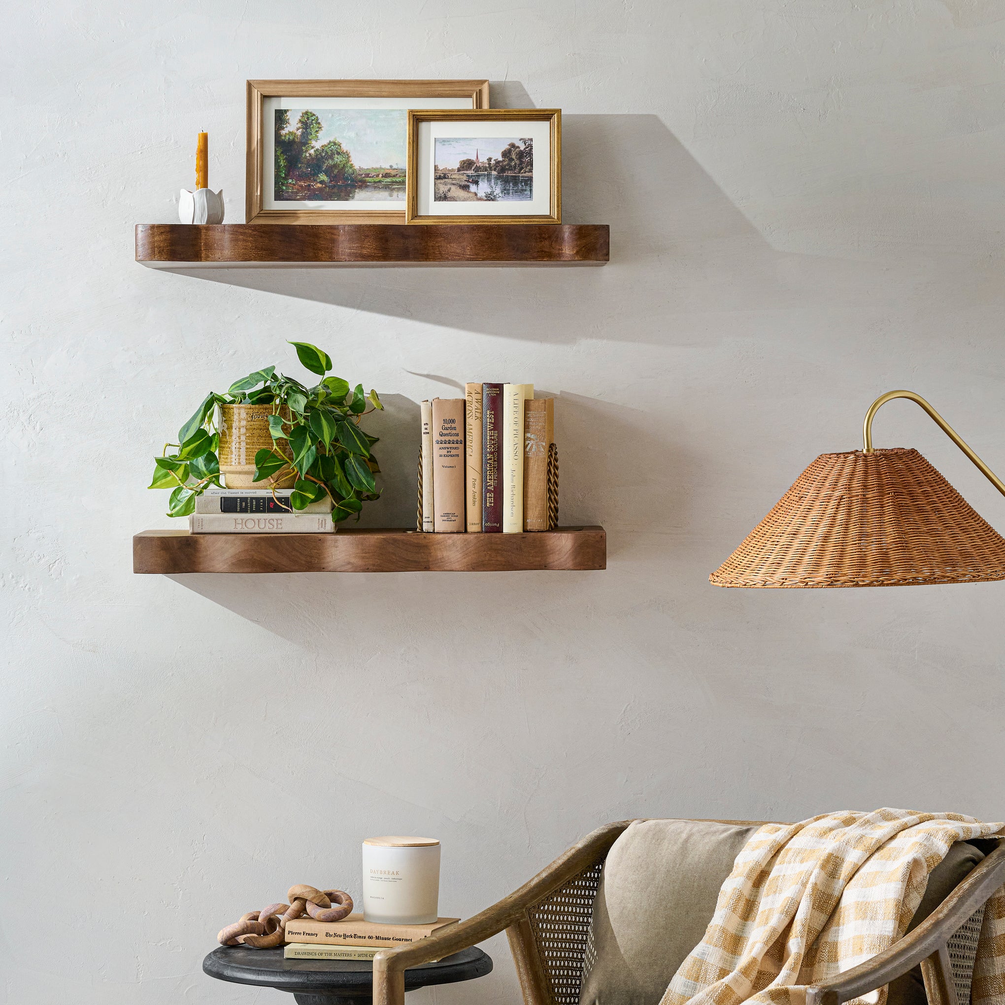 Elise Curved Shelf - two elise shelves on a wall with books and photos on top $98.00