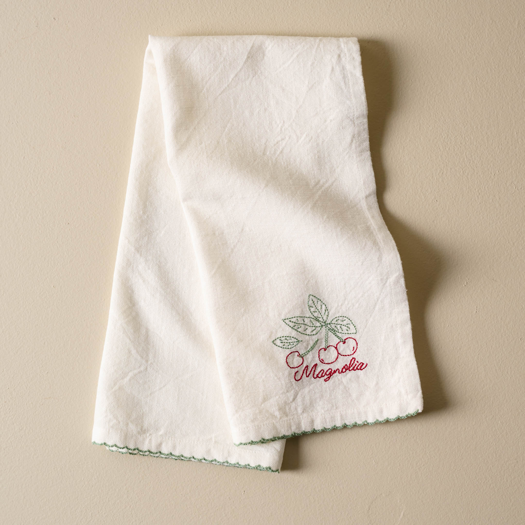 Magnolia Cherry Embroidered Tea Towel $16.00