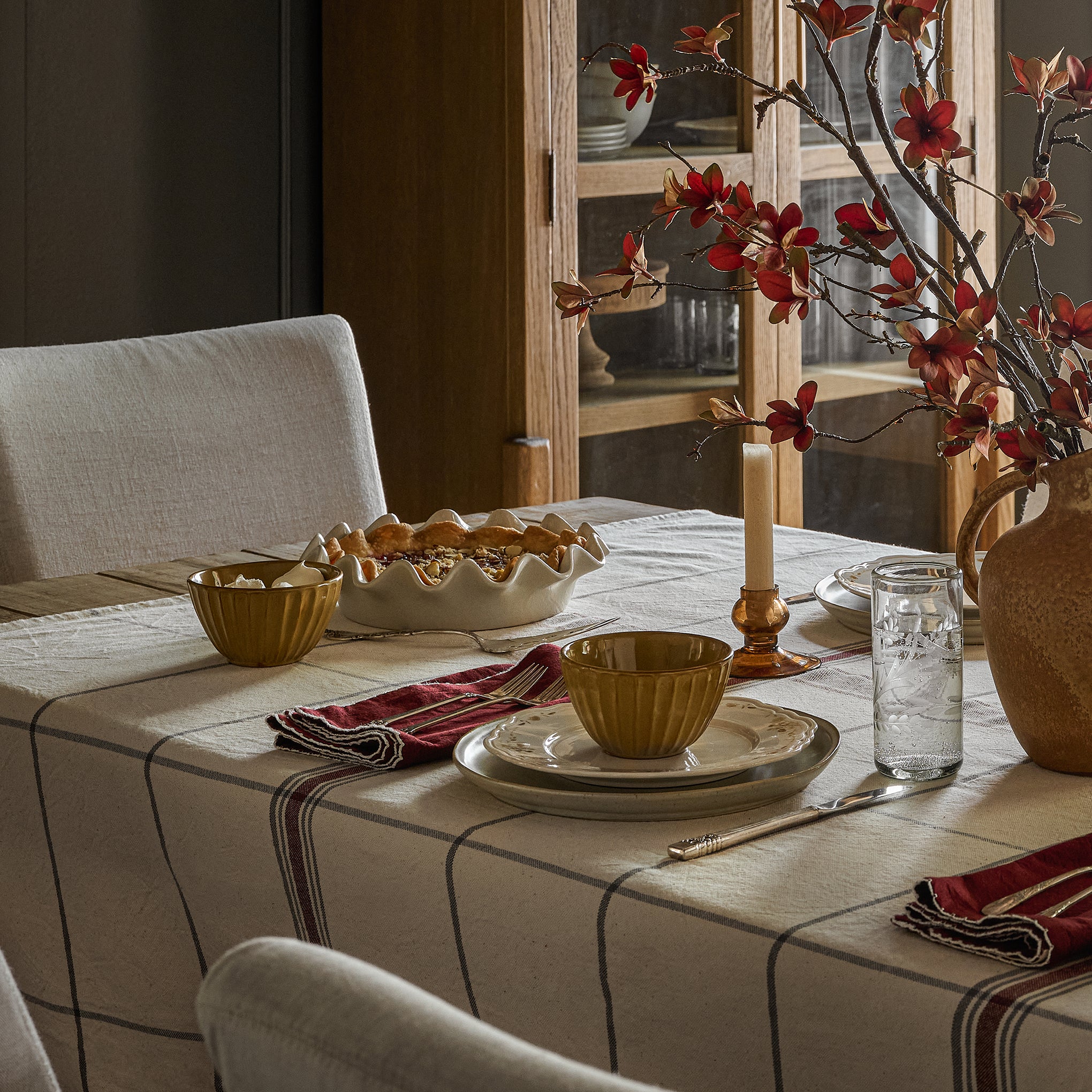 malton grid table cloth under a set table On sale for $49.00, discounted from $70.00