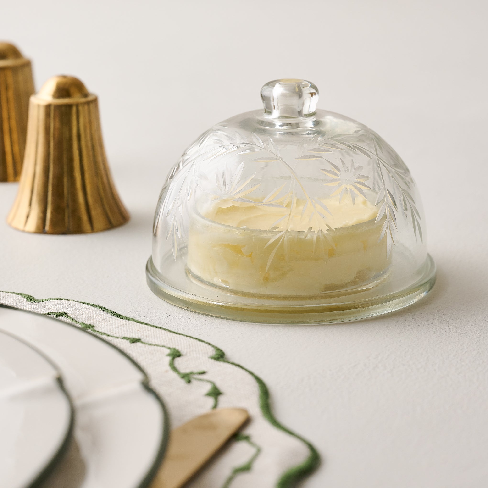 Vivian Cut Glass Butter Dish shown with butter