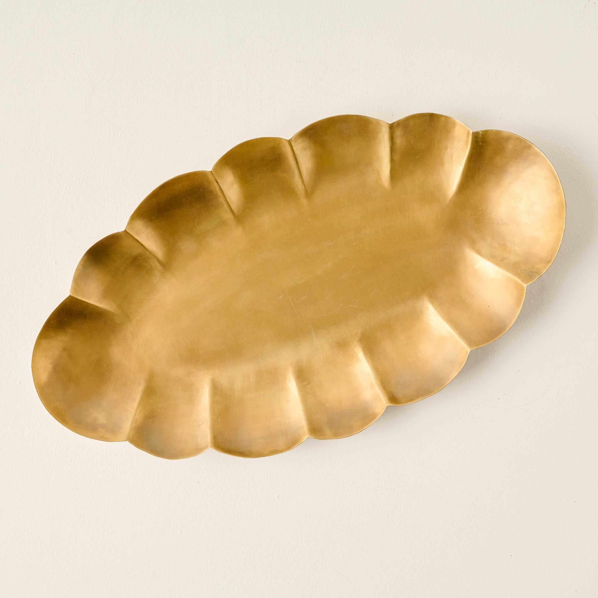 Antiqued Brass Oval Scalloped Tray