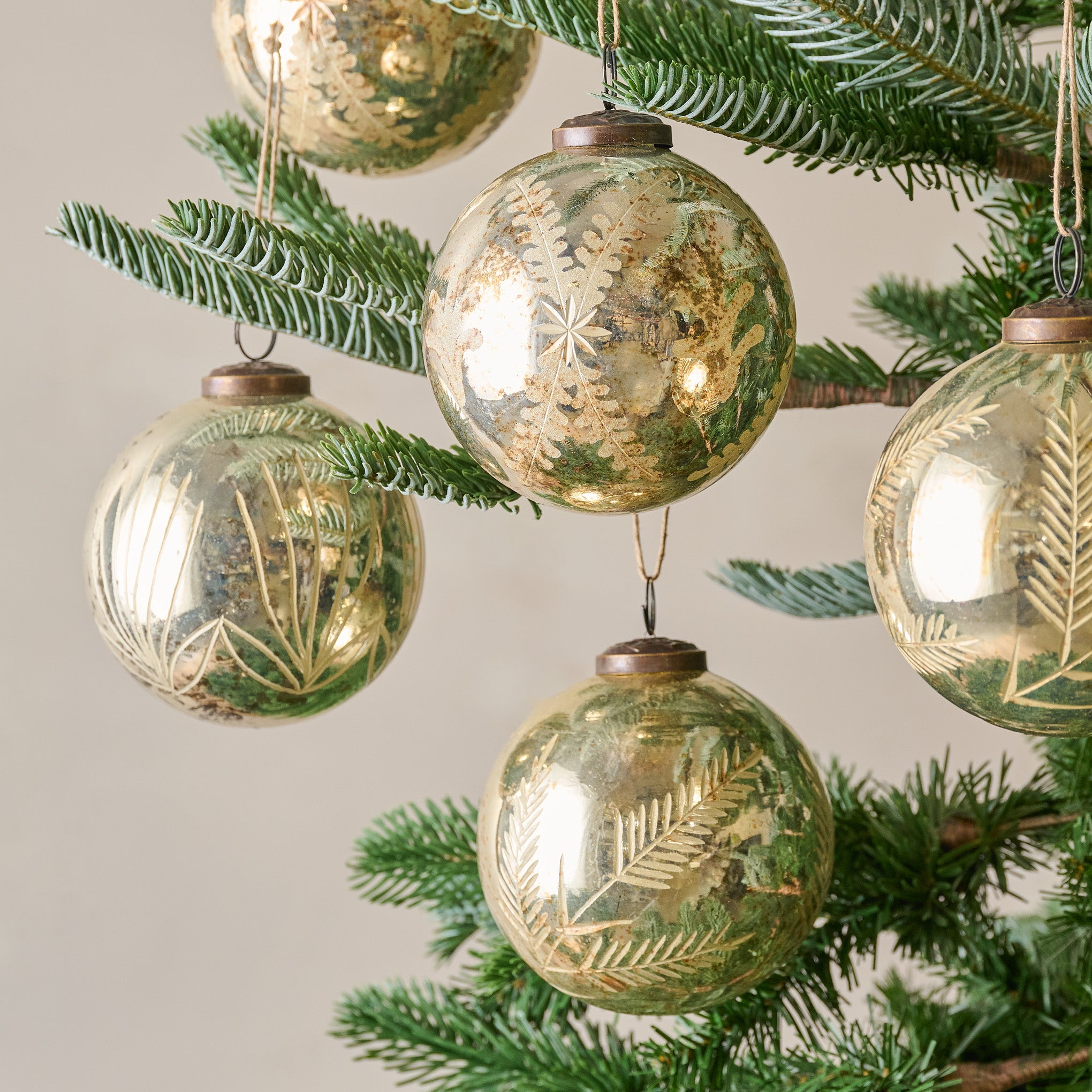 Burnished Metallic Glass Ornaments, Set of 6 shown on tree