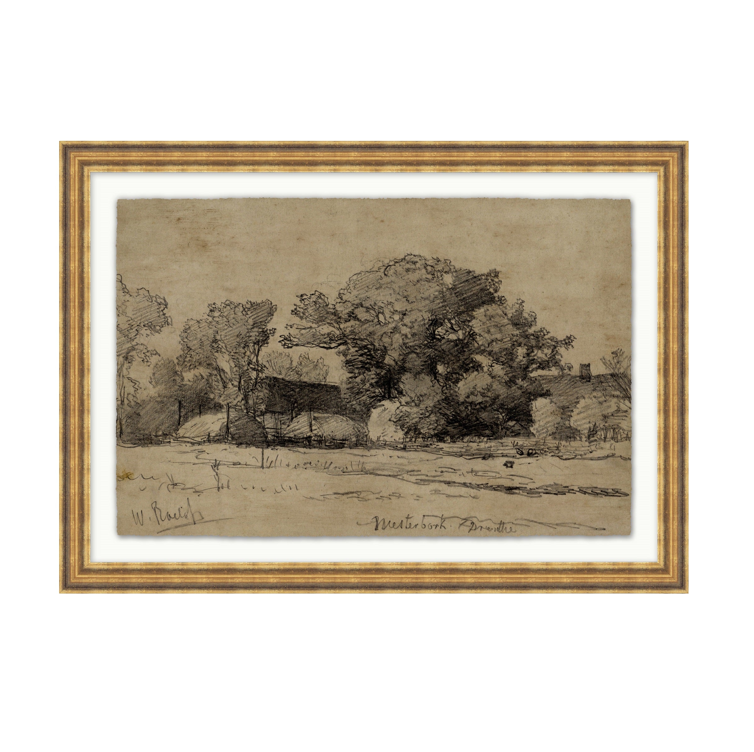 framed art called Farmland Study shows  serene landscape of sketched foliage and wild brush sized 18" x 25"