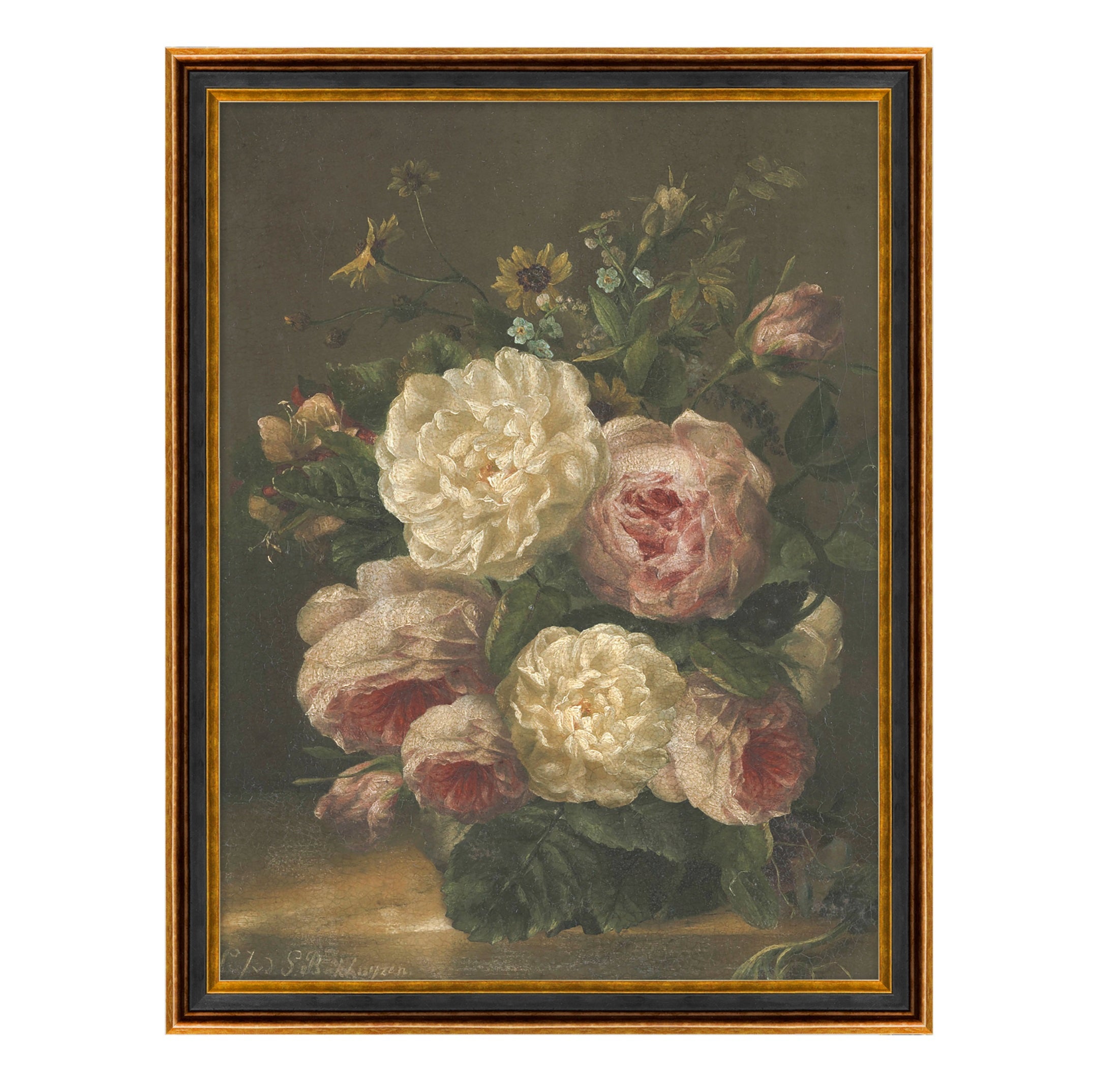 Framed wall art In Full Bloom depicts vintage floral blooms $258.00