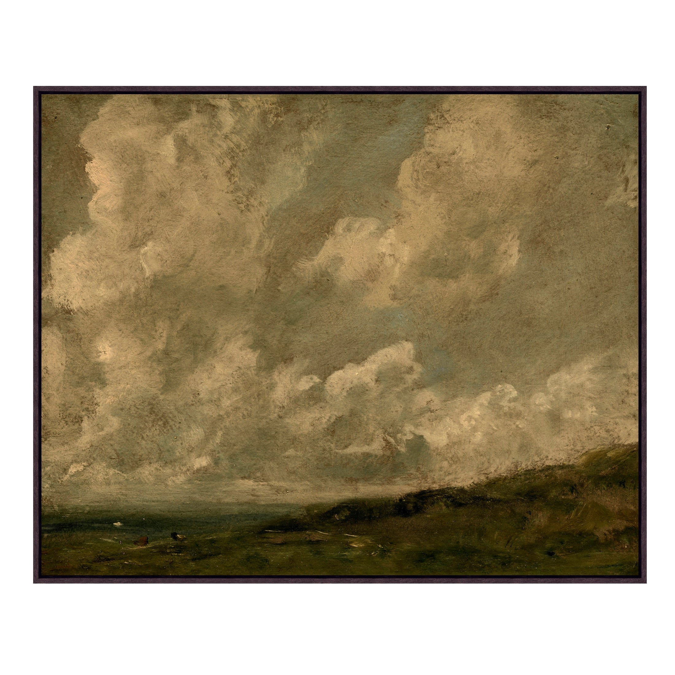 Framed wall art called Rolling Clouds depicts a hazy field with vast rolling clouds overhead