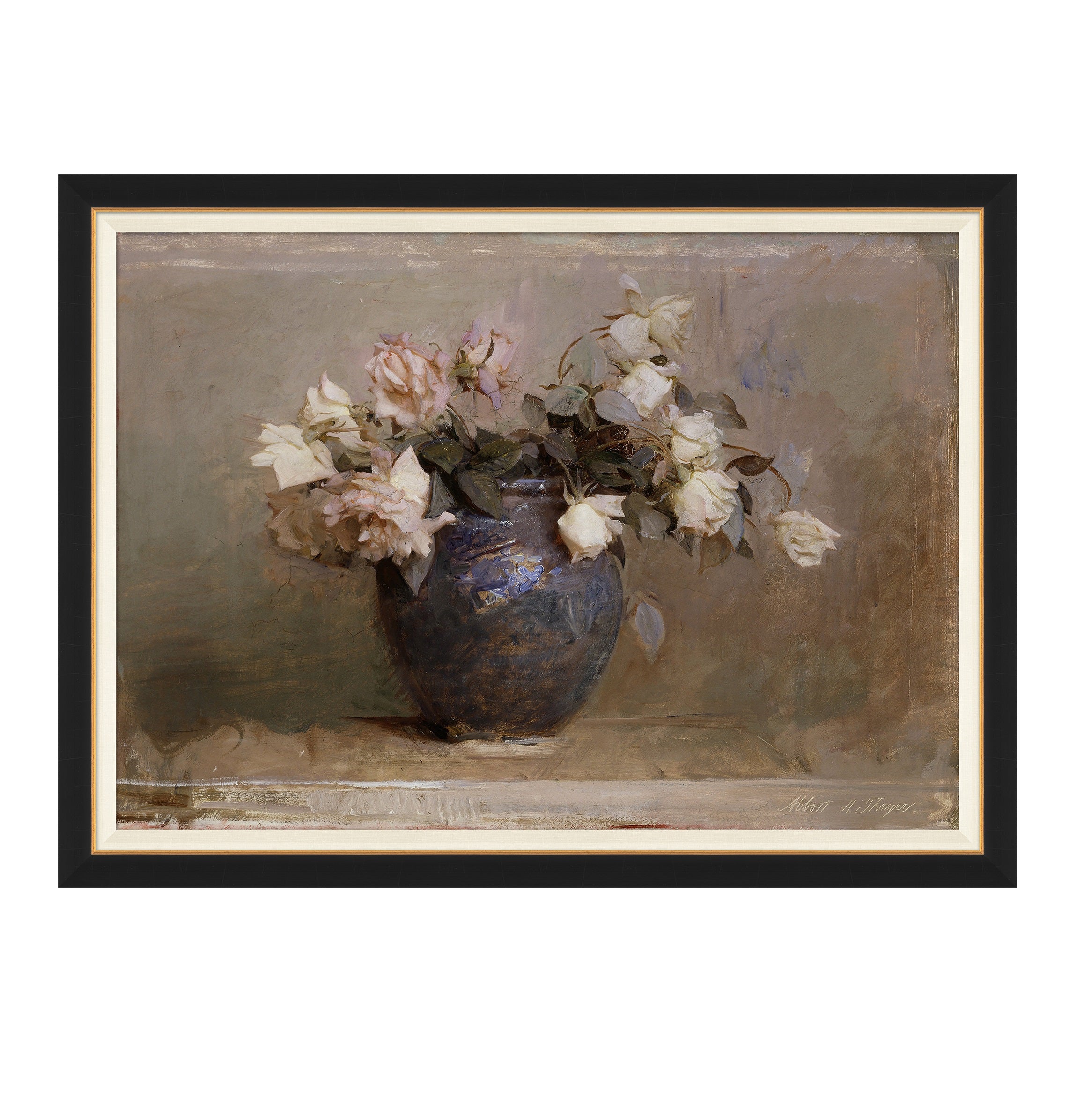 Framed wall art called collected roses shows antiqued black vase with blooming roses