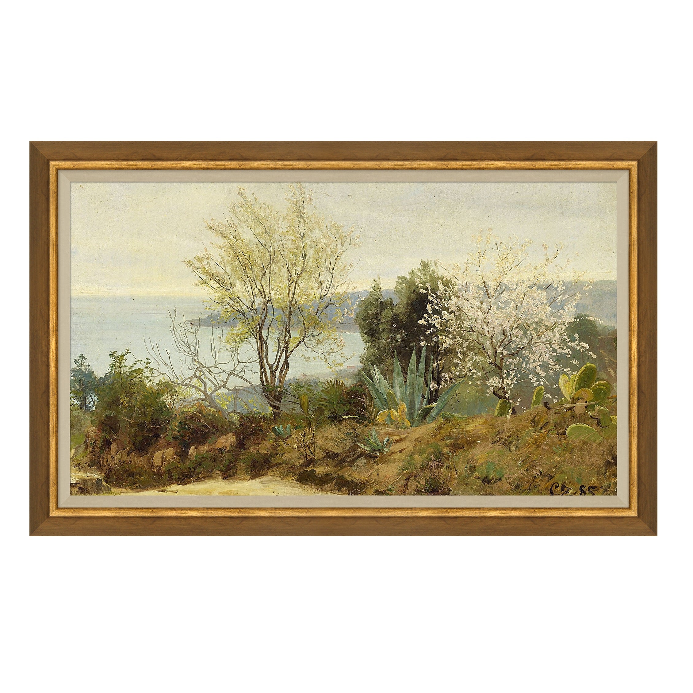 framed art called Native Landscape depicts a rural scene of desert foliage meeting a shoreline