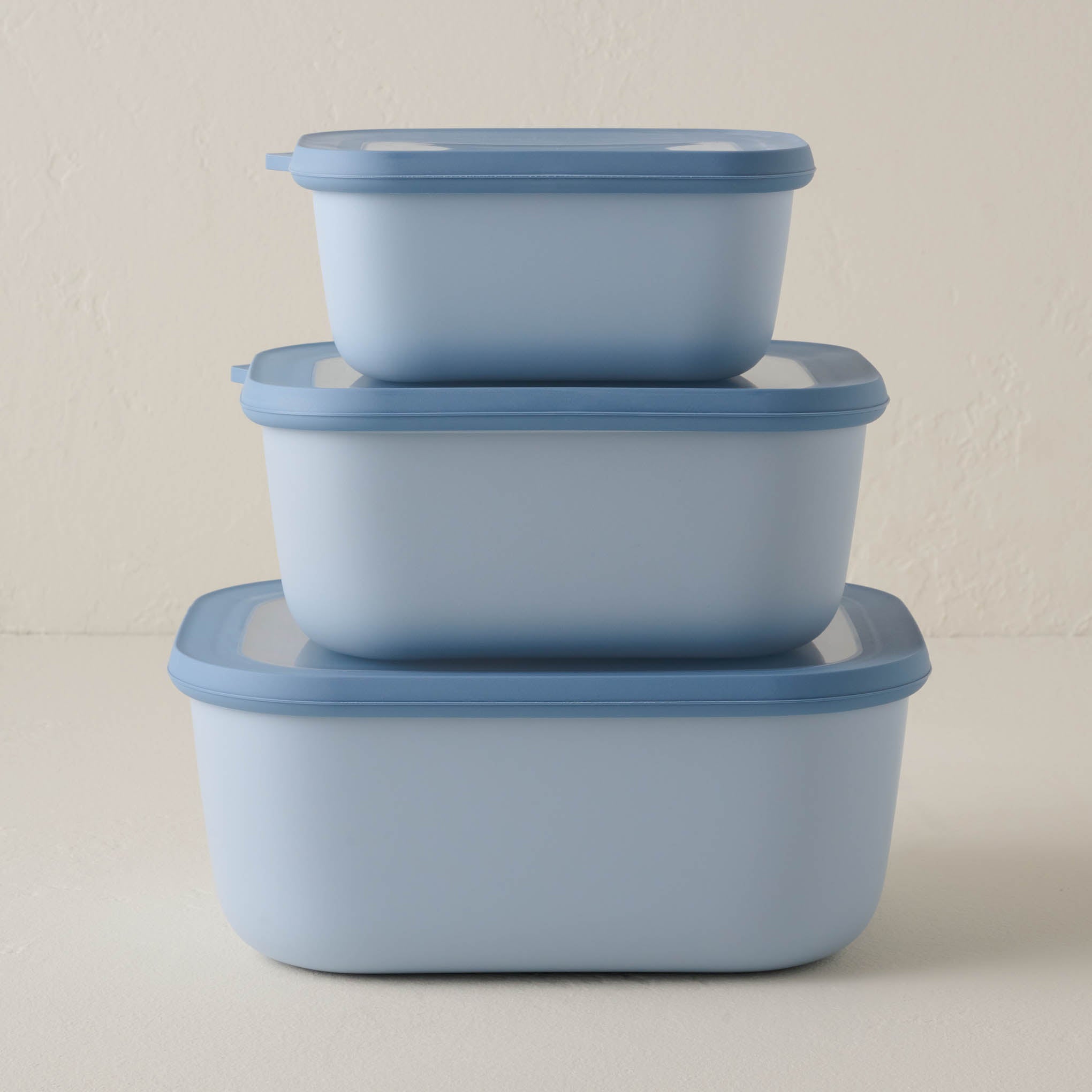 Stacked set of three deep sized Nordic Blue Mepal Food Storage containers