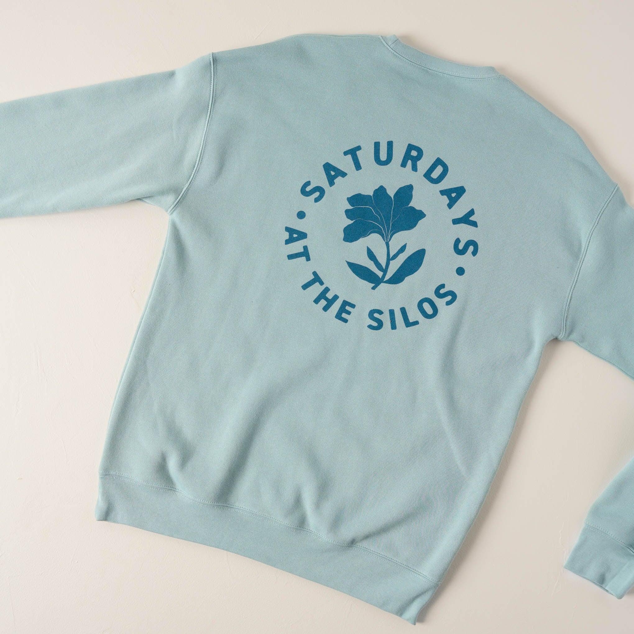 Saturdays at the Silos Dusty Blue Sweatshirt back of sweatshirt $64.00