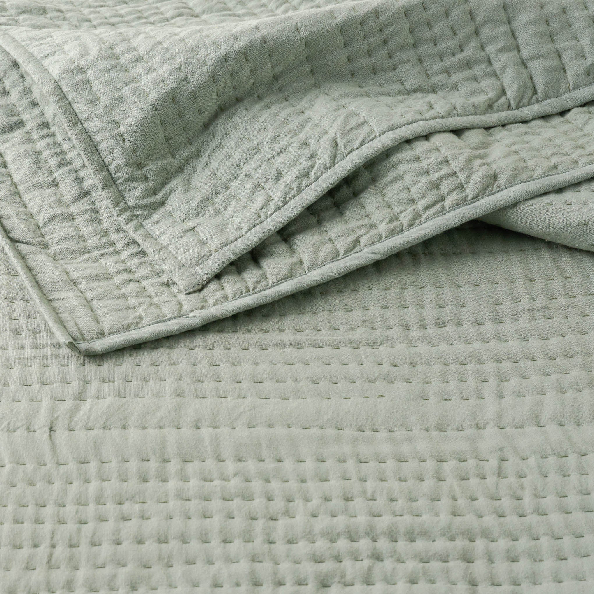 top view of Stonewashed Seagrass Green Pebbled Quilt Items range from $180.00 to $200.00