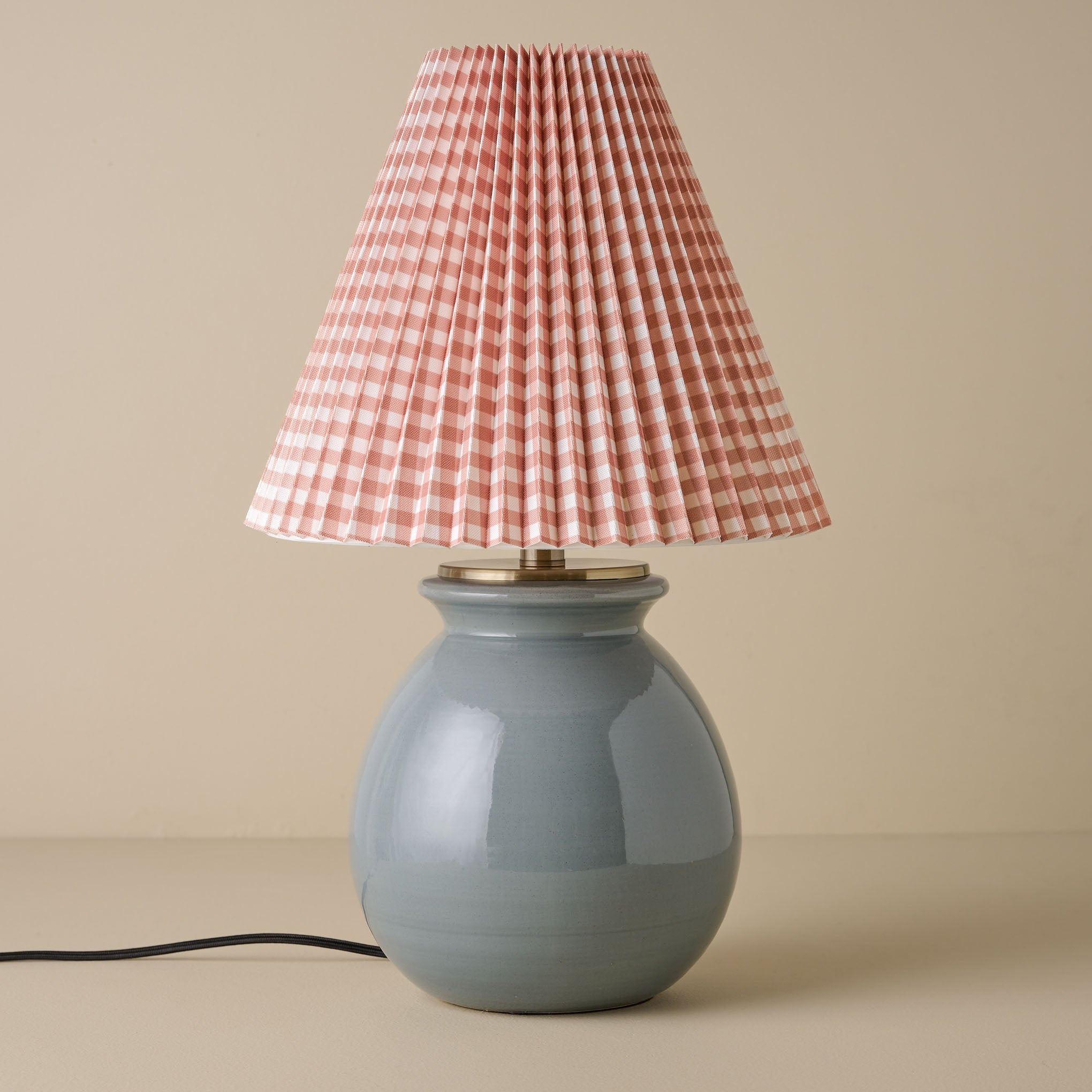 Olivia Table Lamp - Lake Blue with mocha gingham lamp shade $168.00