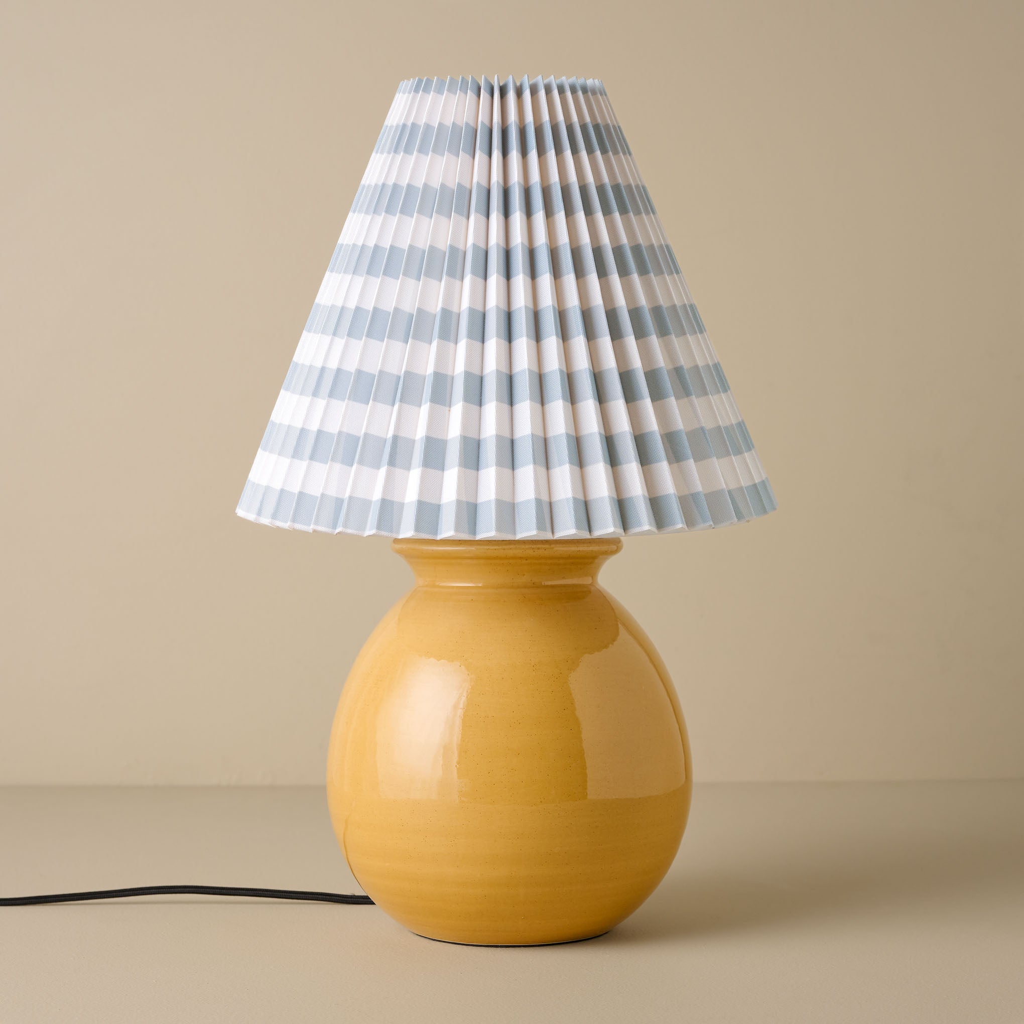 Olivia Table Lamp - Wheat with blue gingham lamp shade