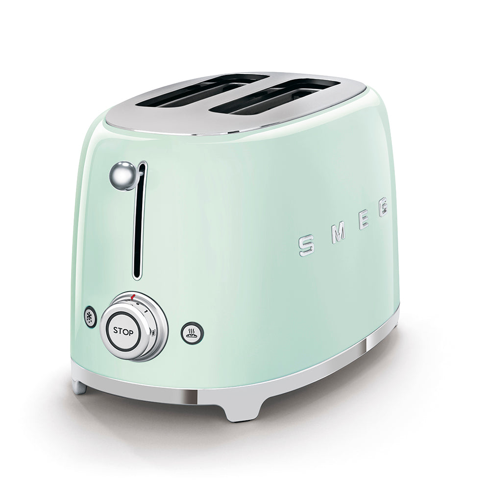 Smeg 2-Slice Toaster in pastel green showing buttons and controls