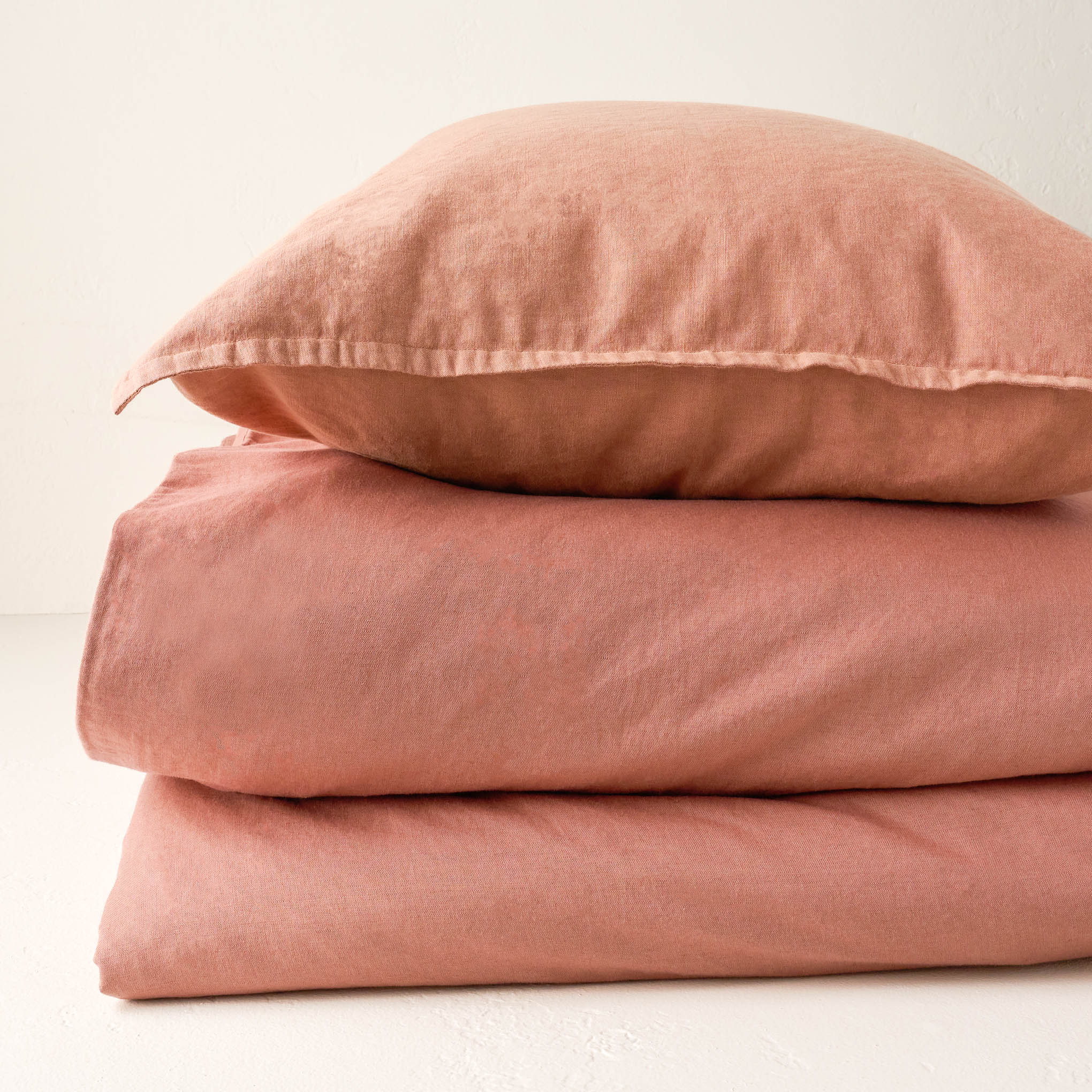 Stacked Desert Clay Washed Linen Cotton Duvet Cover and Pillow Sham Items range from $159.00 to $169.00