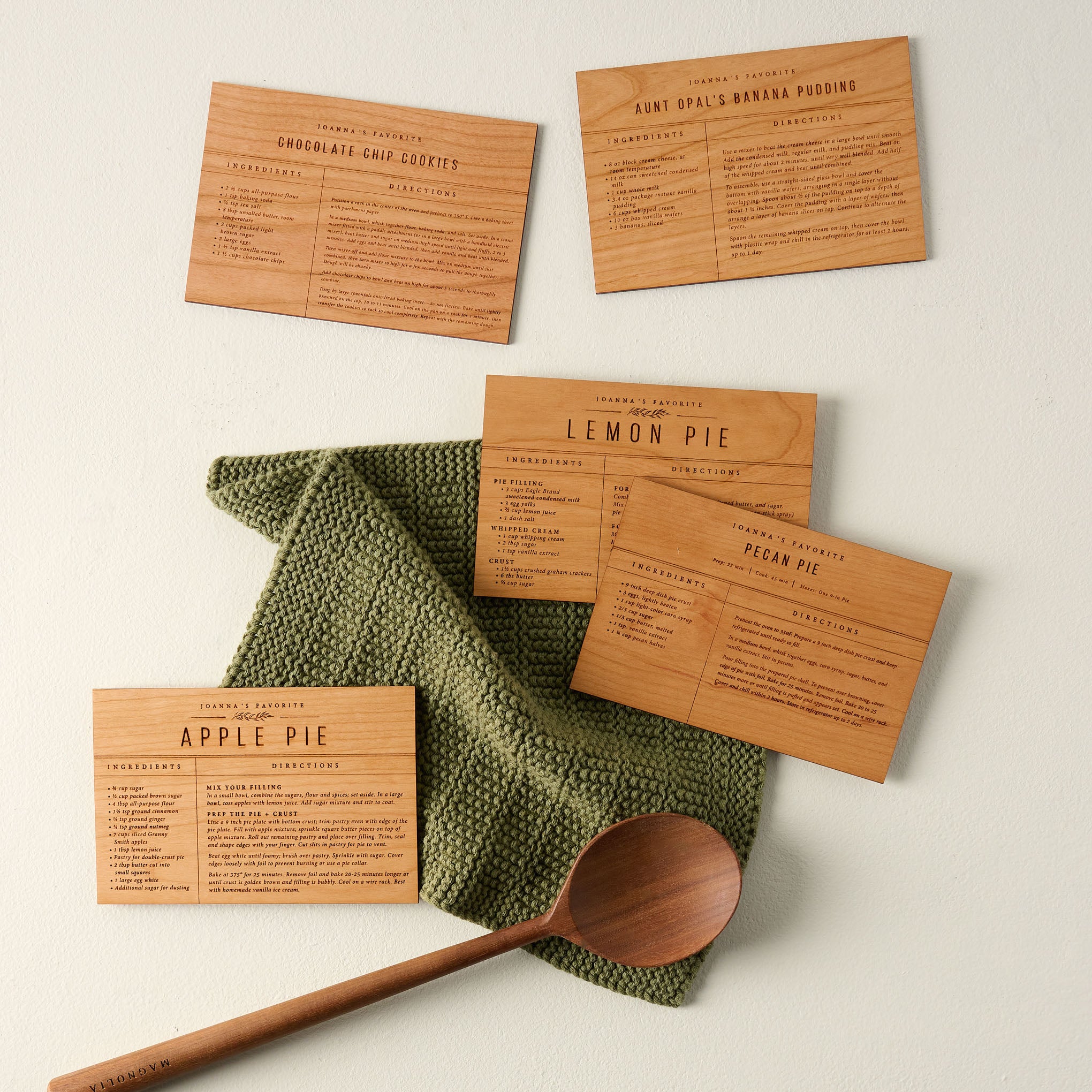 Wooden Recipe Cards all together with a green towel and wooden spoon $8.00