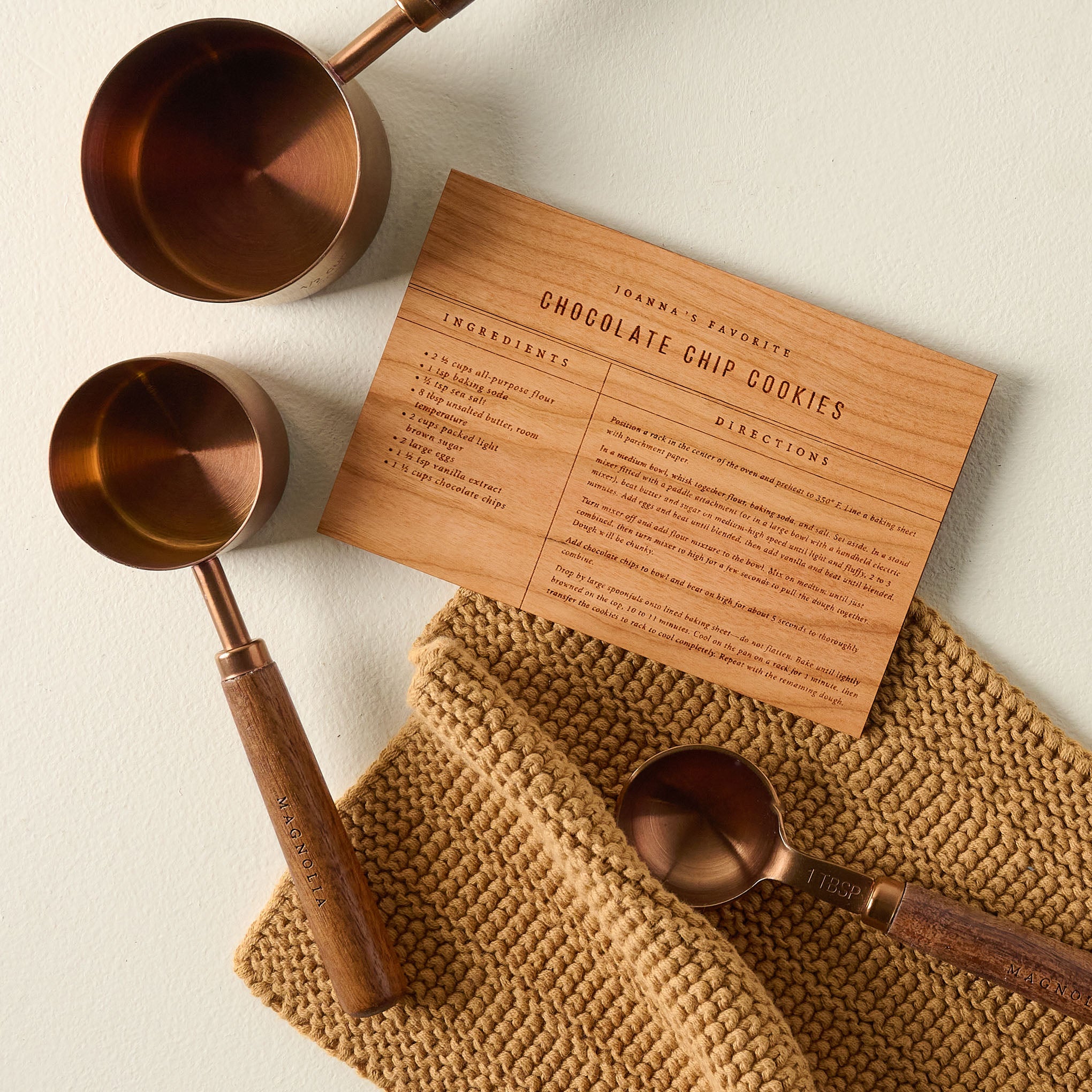 Wooden Recipe Card (Chocolate Chip Cookies) with measuring cups and towel $8.00