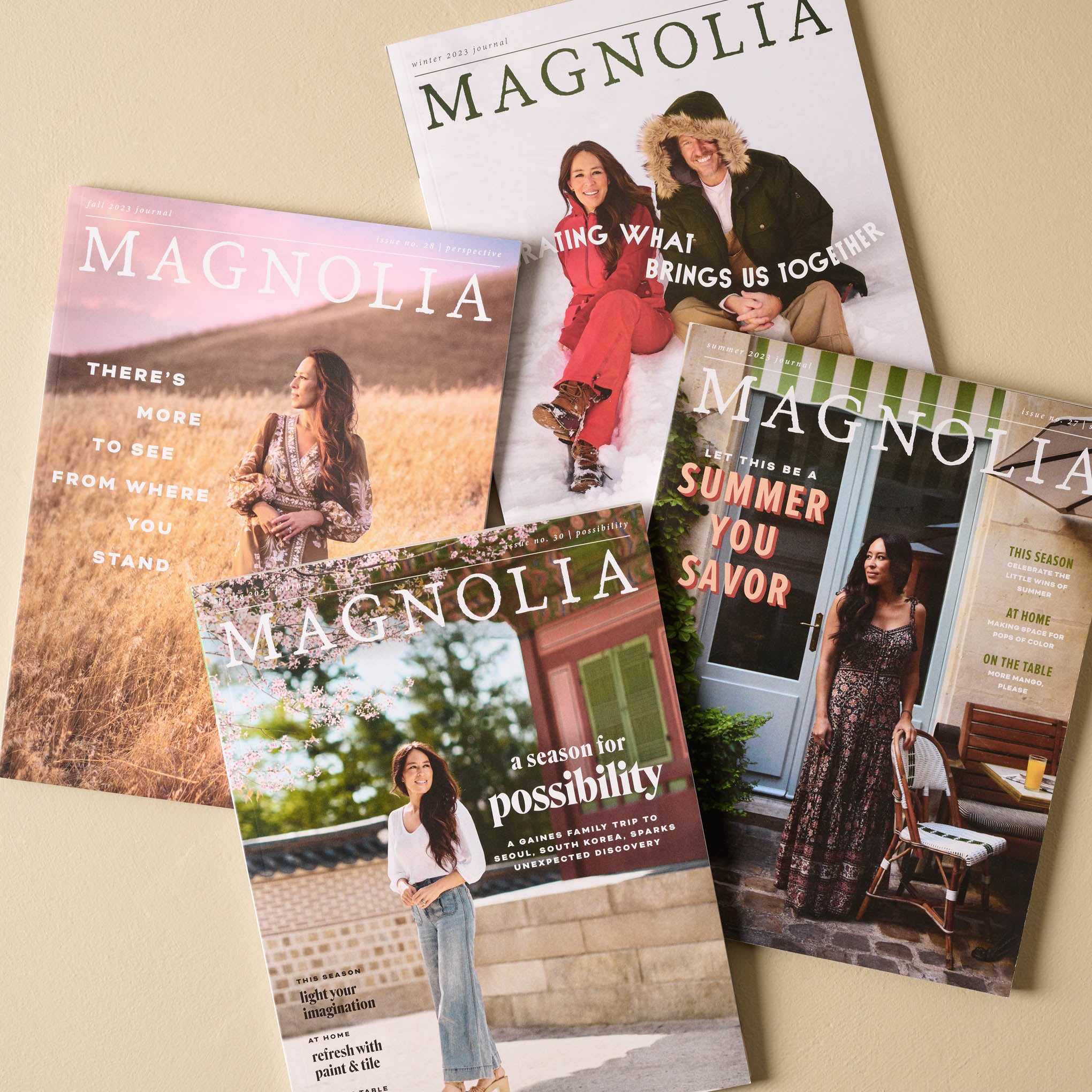 magnolia journal subscription incudes the spring, summer, fall and winter issues Items range from $20.00 to $50.00