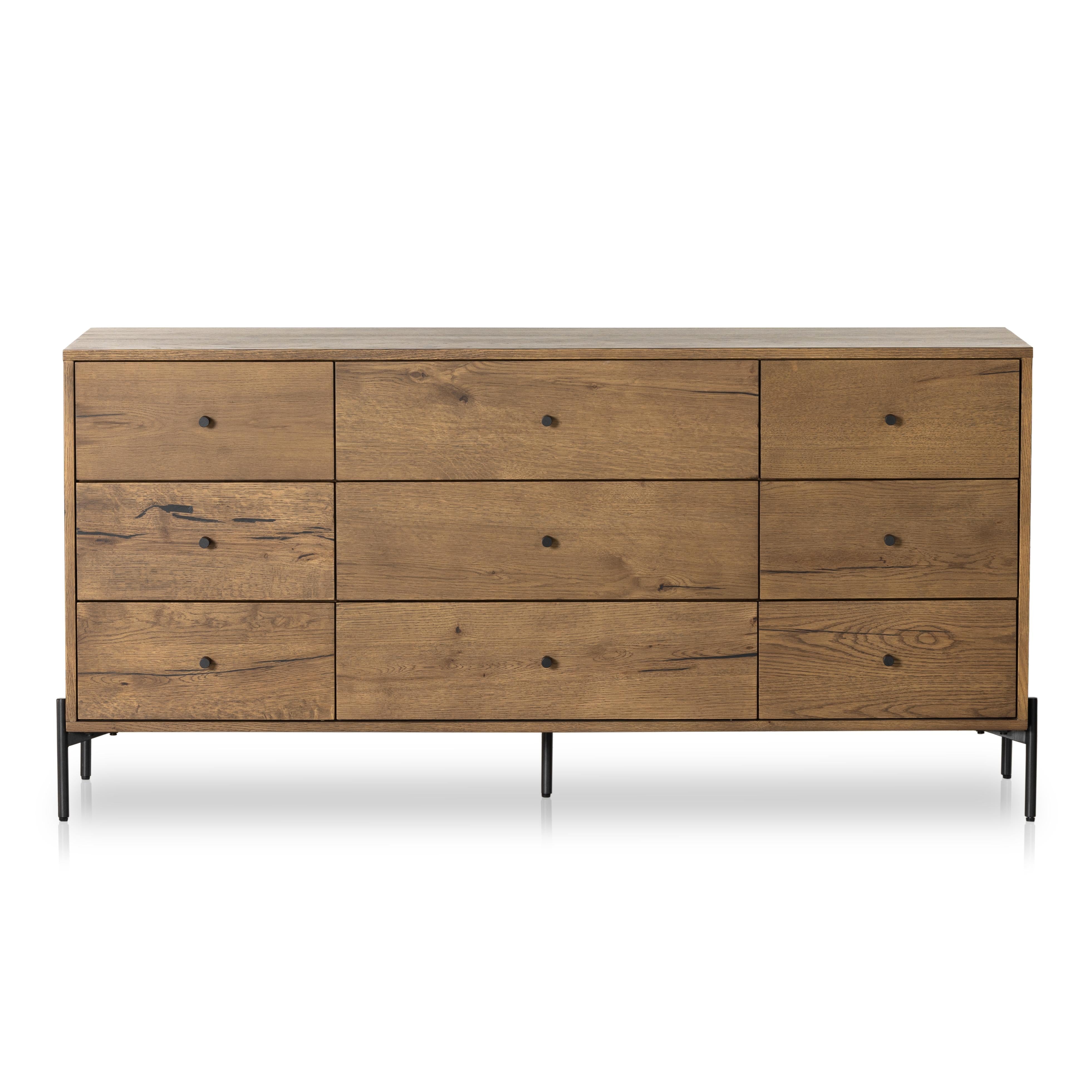 Liam 9 Drawer Dresser in amber oak front view $1999.00