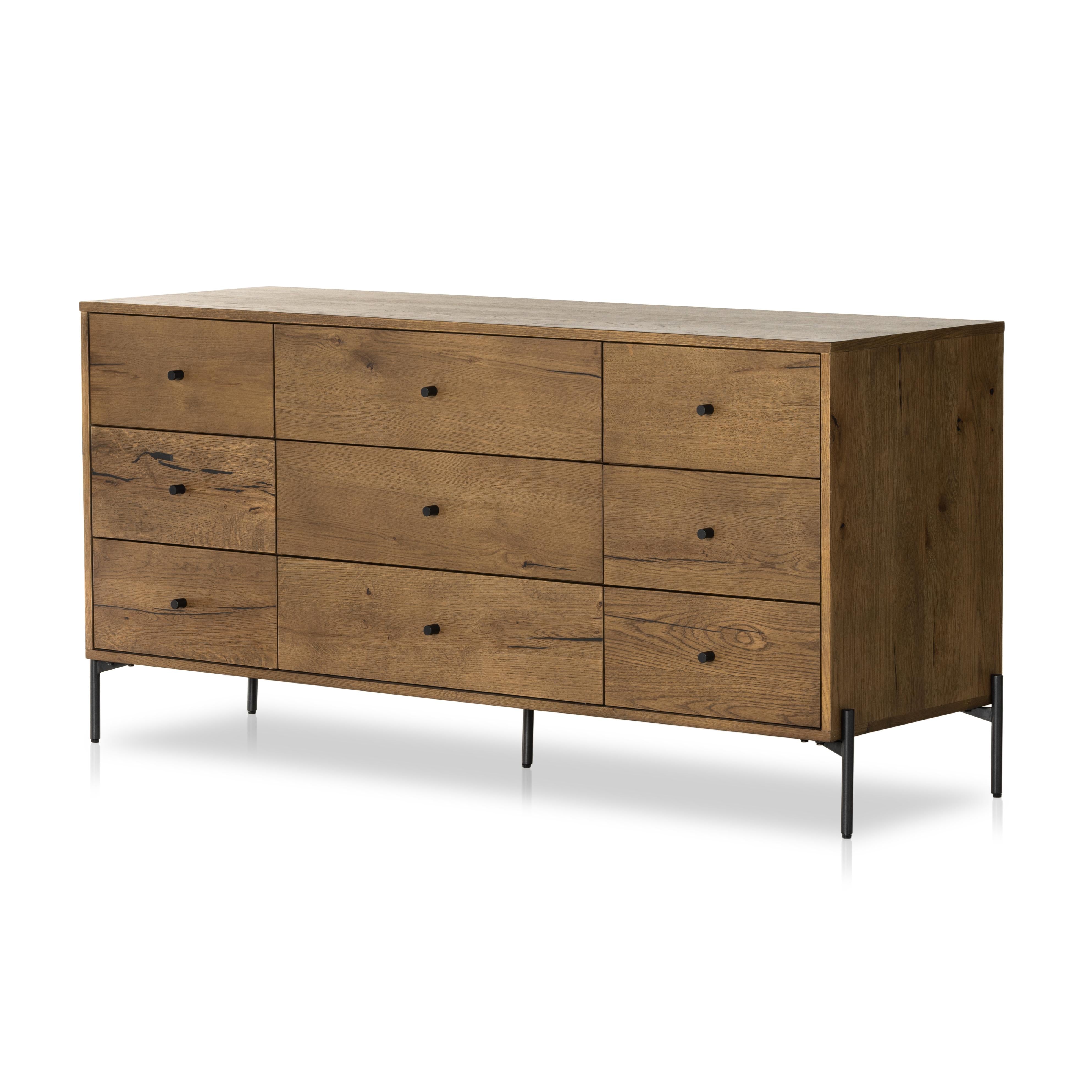 Liam 9 Drawer Dresser in amber oak front view angled