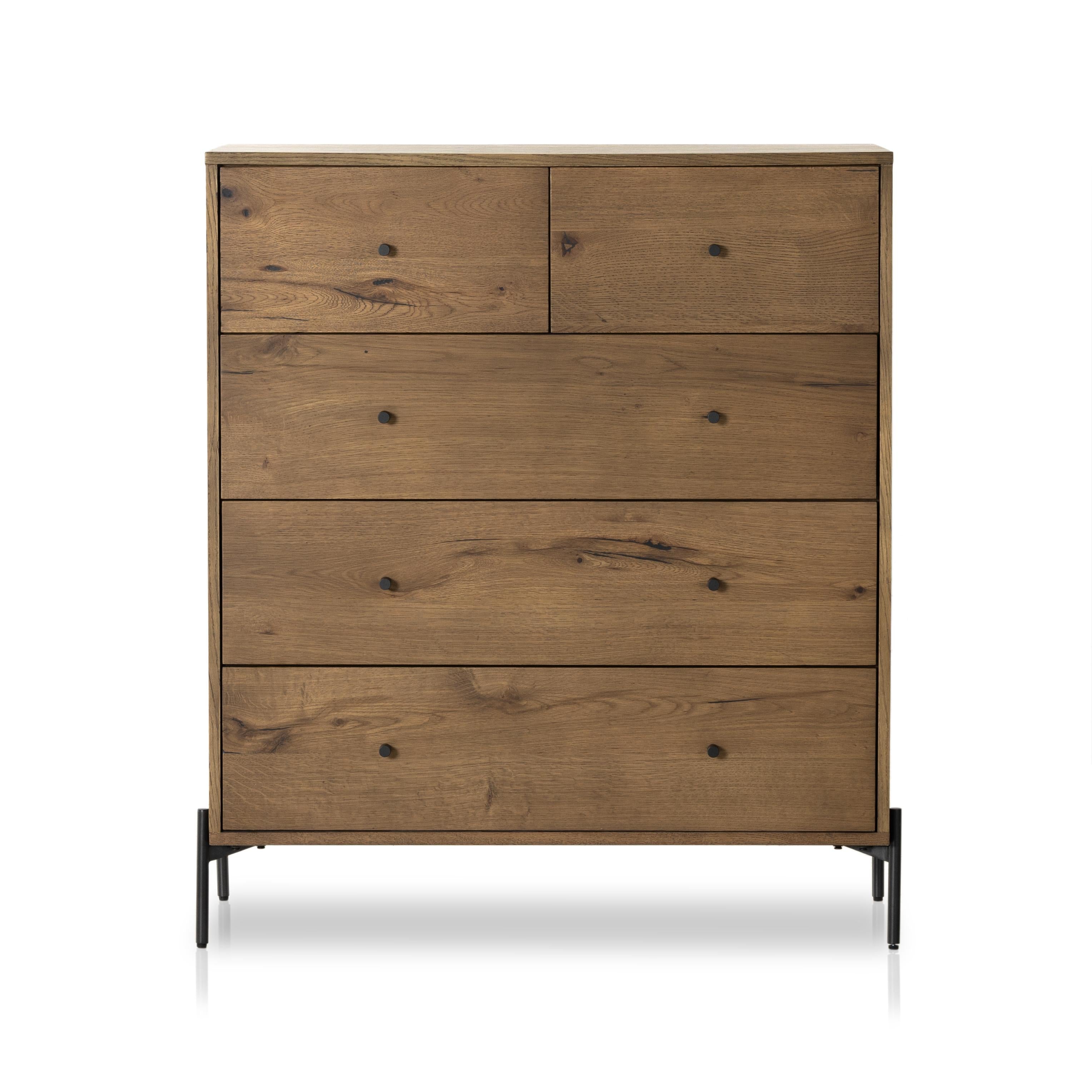 Liam 5 Drawer Dresser in amber oak front view $1599.00