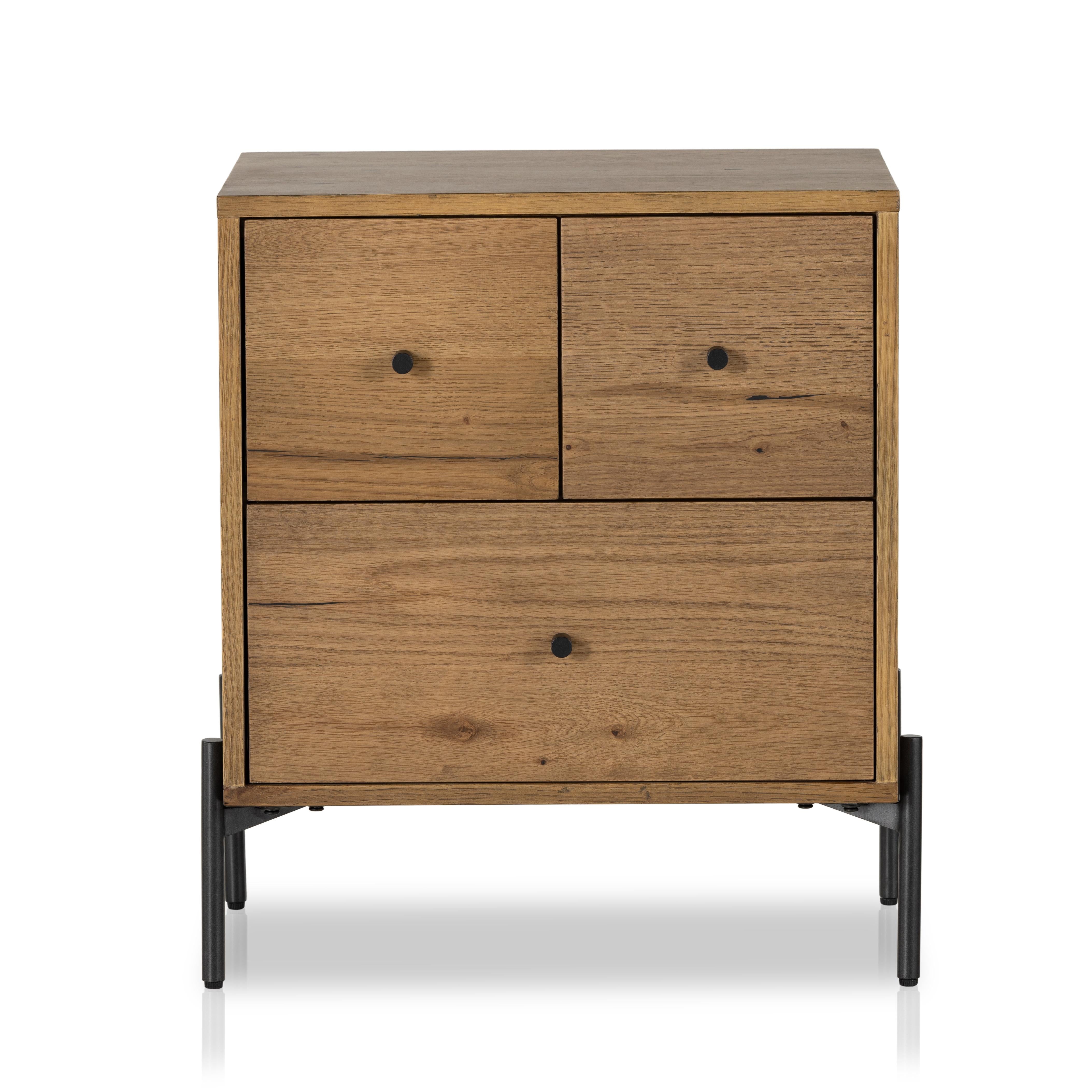 Liam Nightstand in amber oak front view $649.00