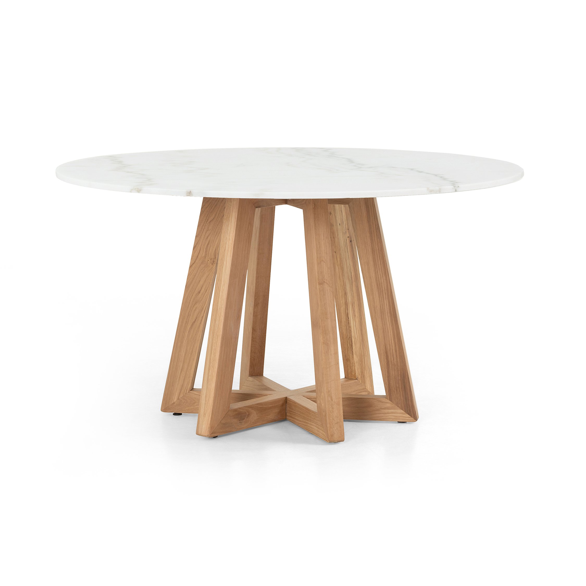 white marble modern round dining table with oak pedestal base