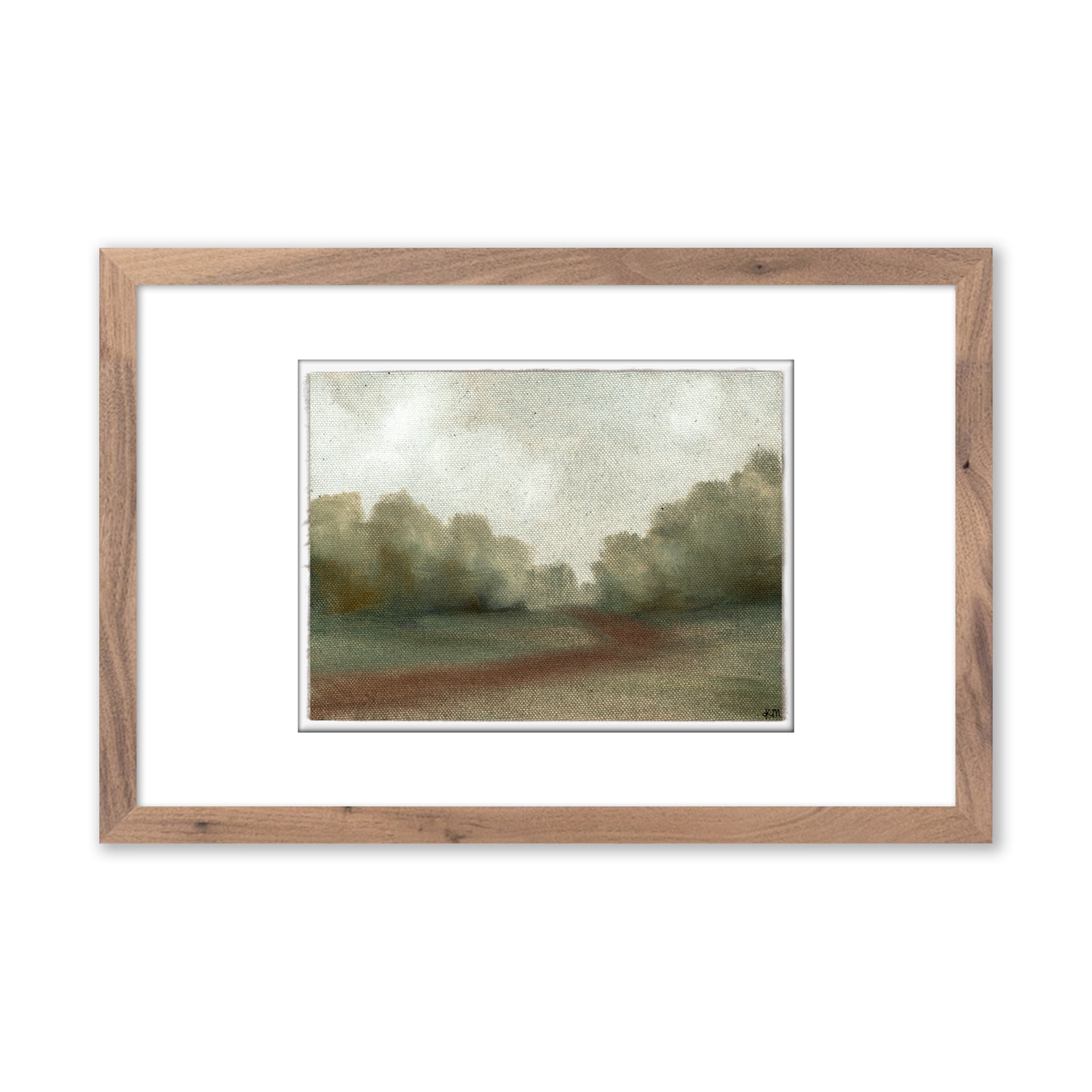 Framed art called Red Dirt Road by Katie Mulder depicts a red dirt road running through muted green grass and trees