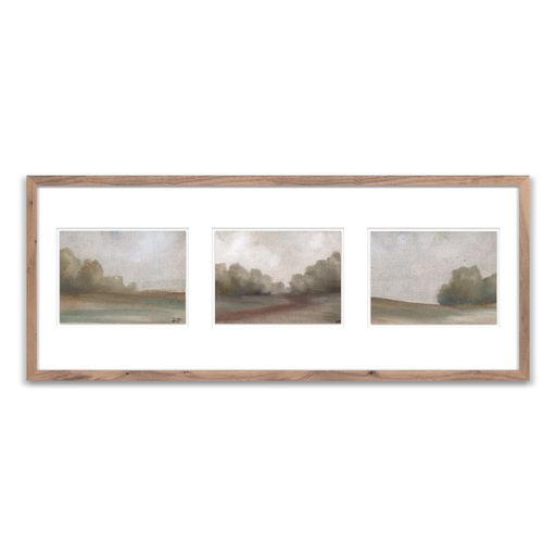 framed art Landscape Mini Series by Katie Mulder shows three side by side muted landscapes $548.00