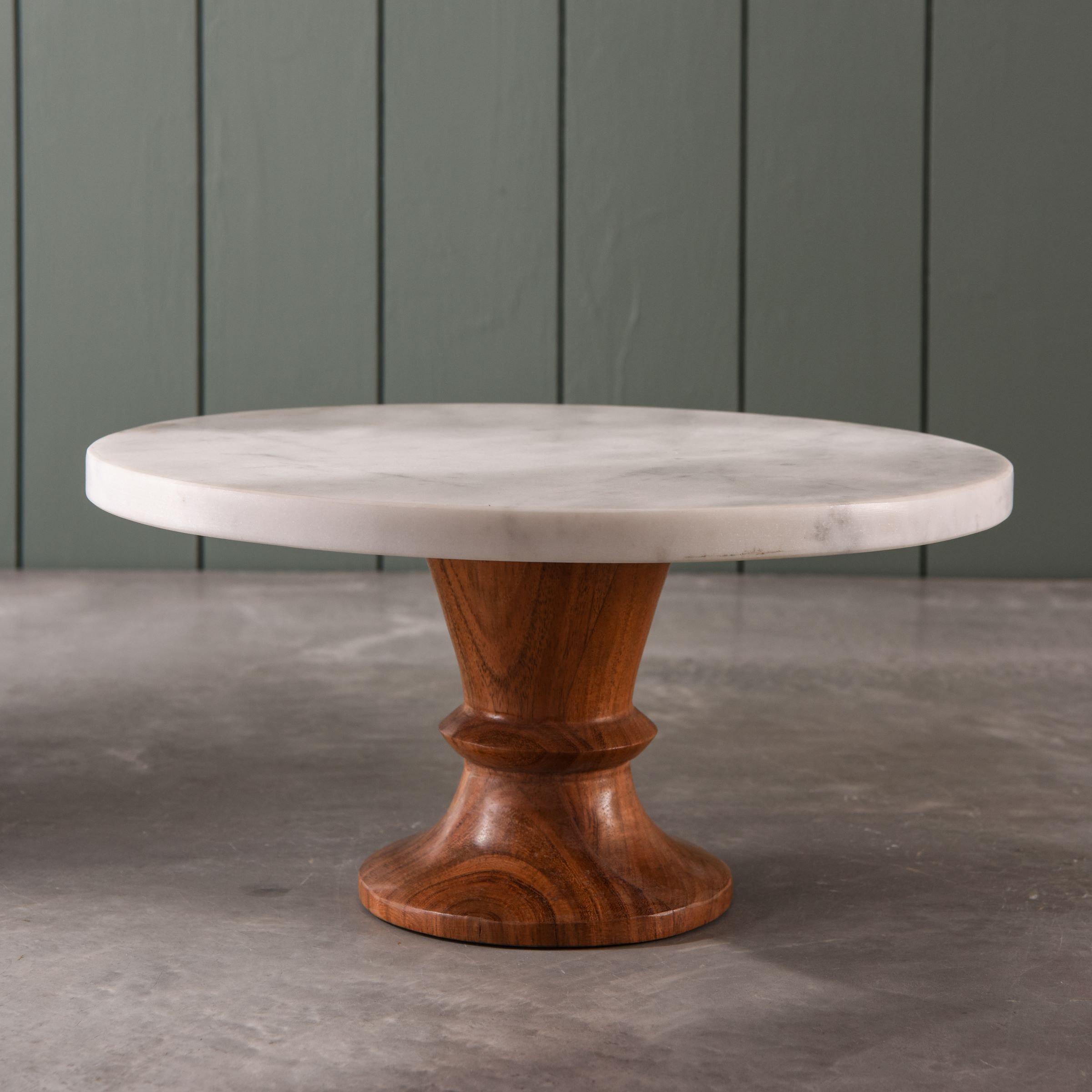 magnolia modern marble and acacia rimmed stem rotating cake stand