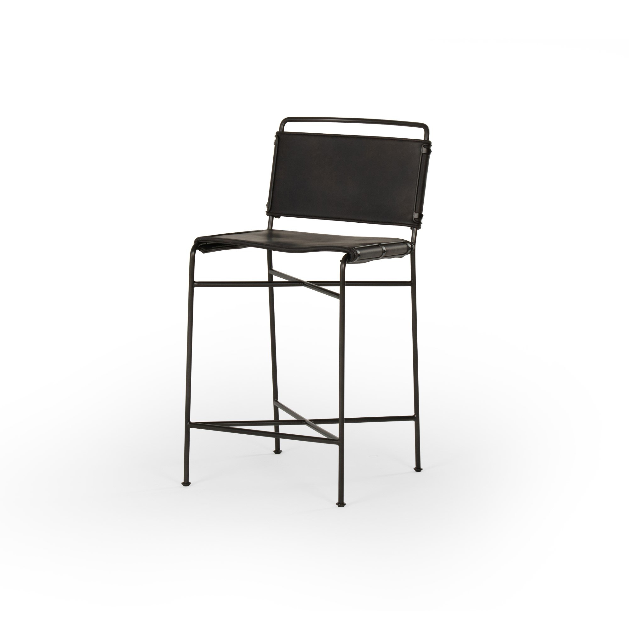 black metal counter stool with black leather seat and back $599.00