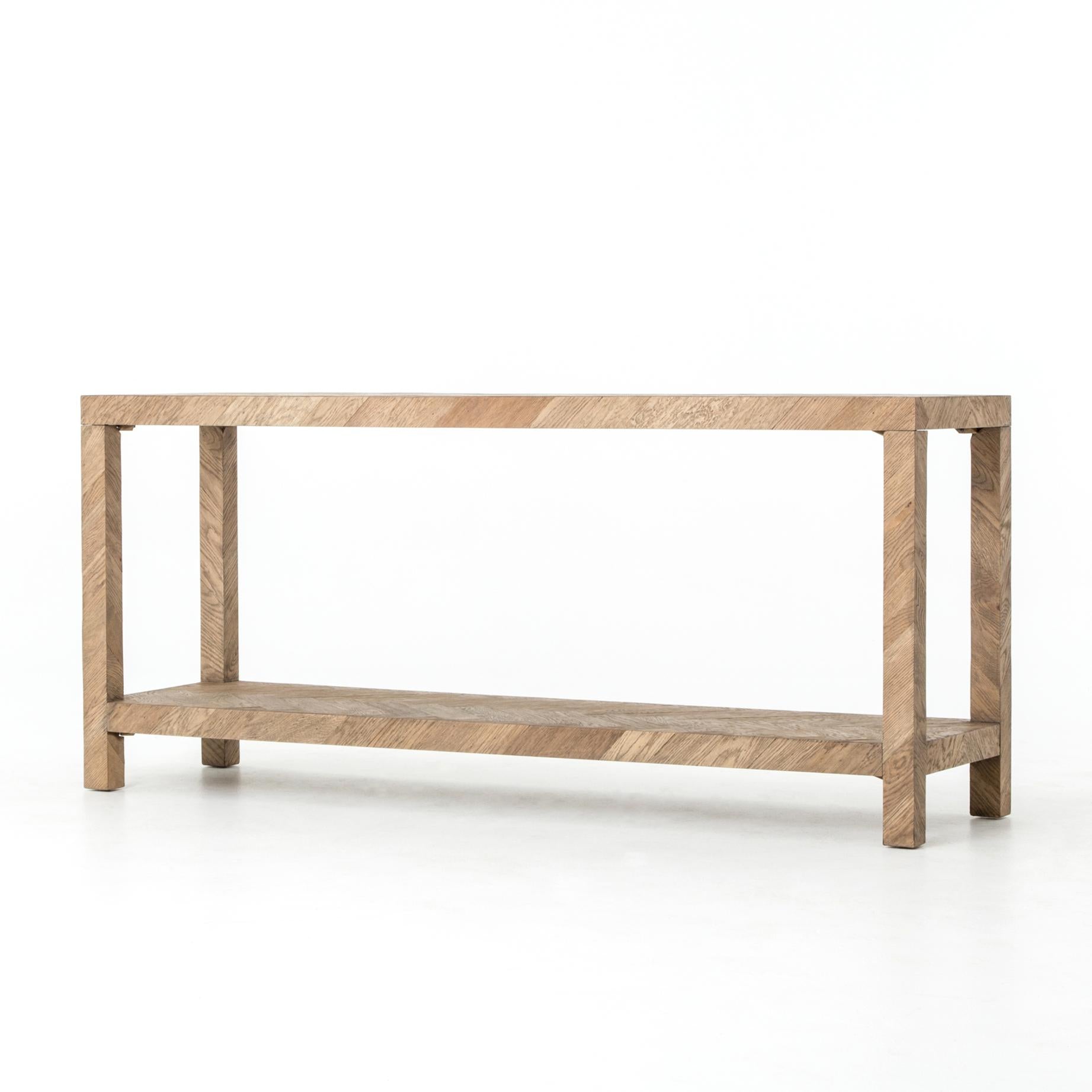 Fulton Console table in drifted oak front view angled