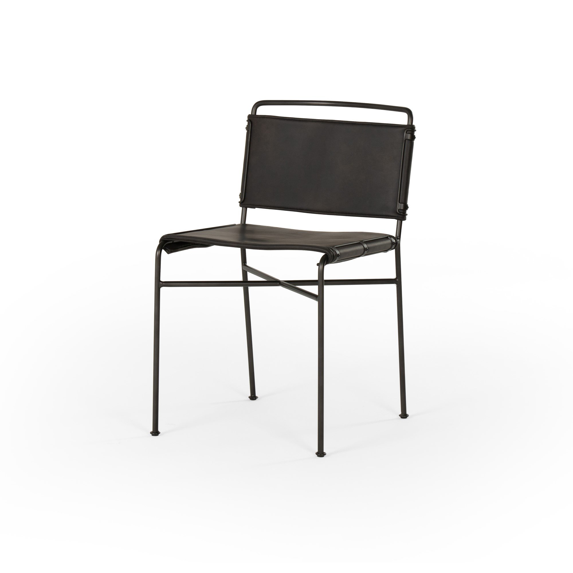 modern metal dining chair with distressed black leather seat and back