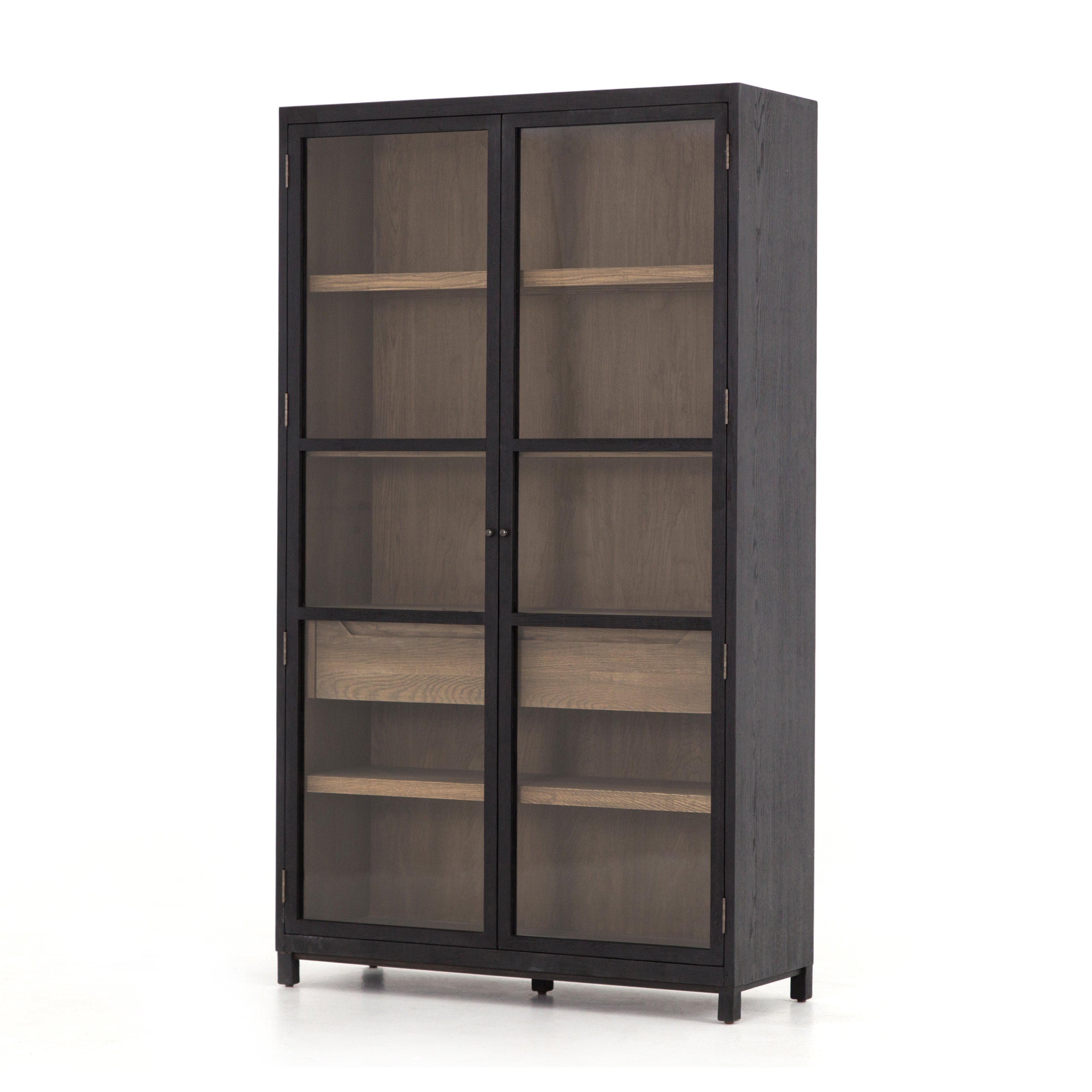 large dark stained wooden cabinet with glass doors and an interior drawer $3499.00