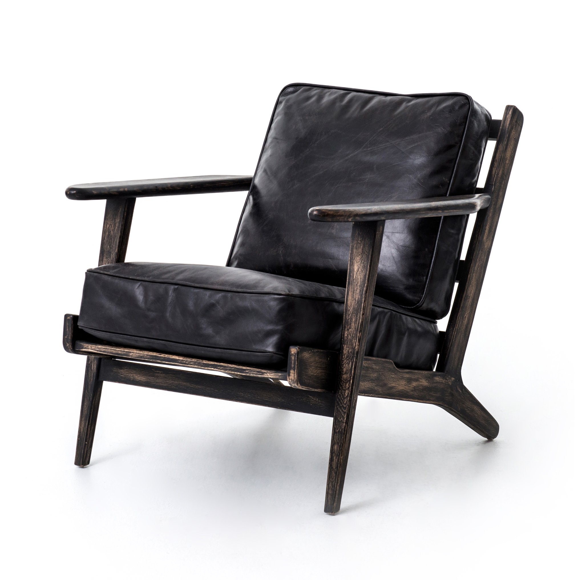 wooden distressed black lounge arm chair with thick black leather cushions