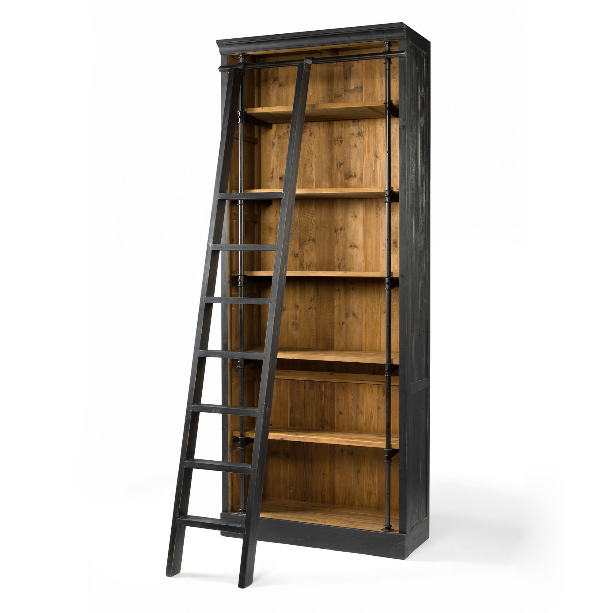 Distressed black wooden bookcase and ladder with stained wooden interior  $2899.00