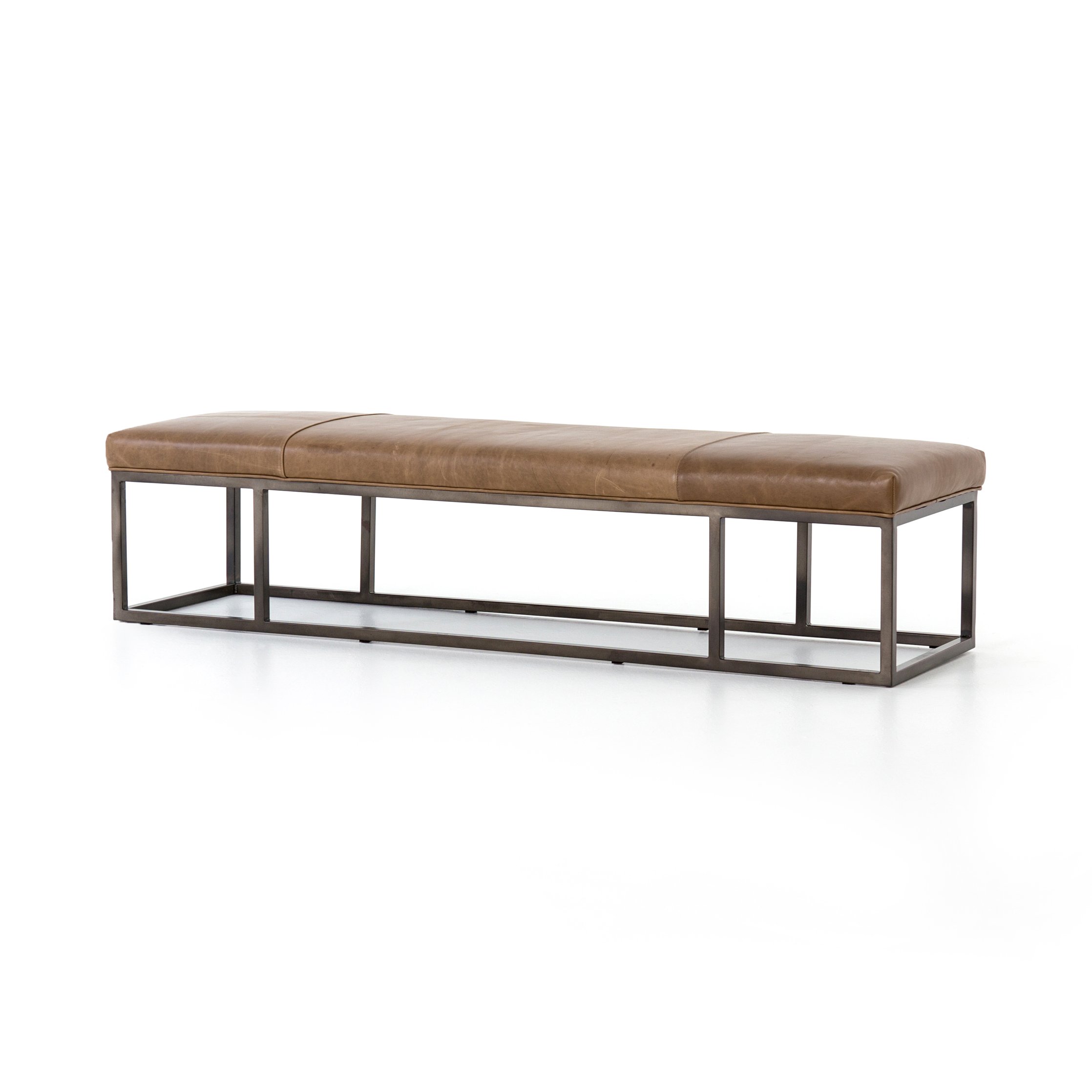 industrial brown padded leather bench with metal base