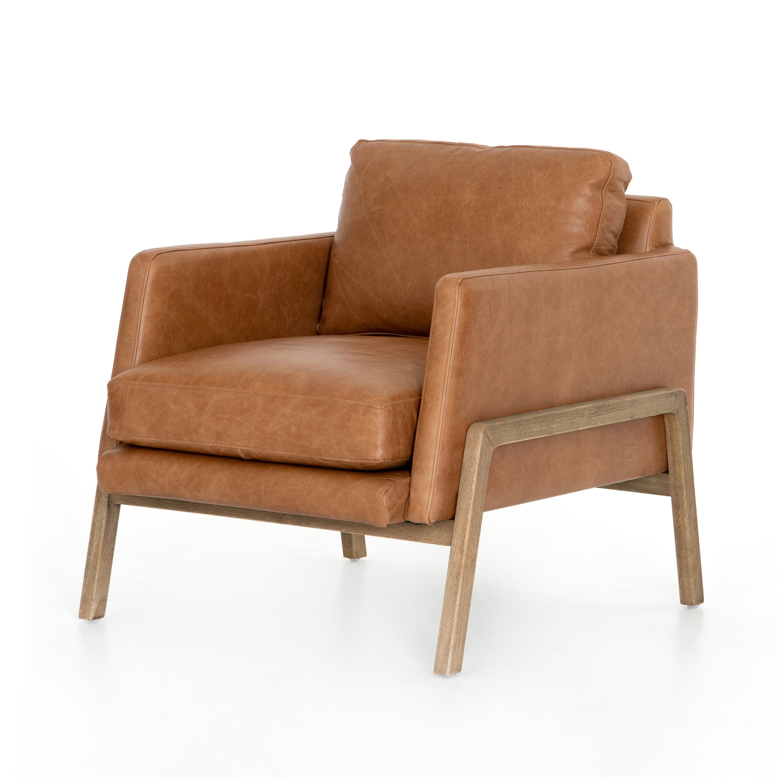 modern saddle leather arm chair with wooden show-frame base and legs