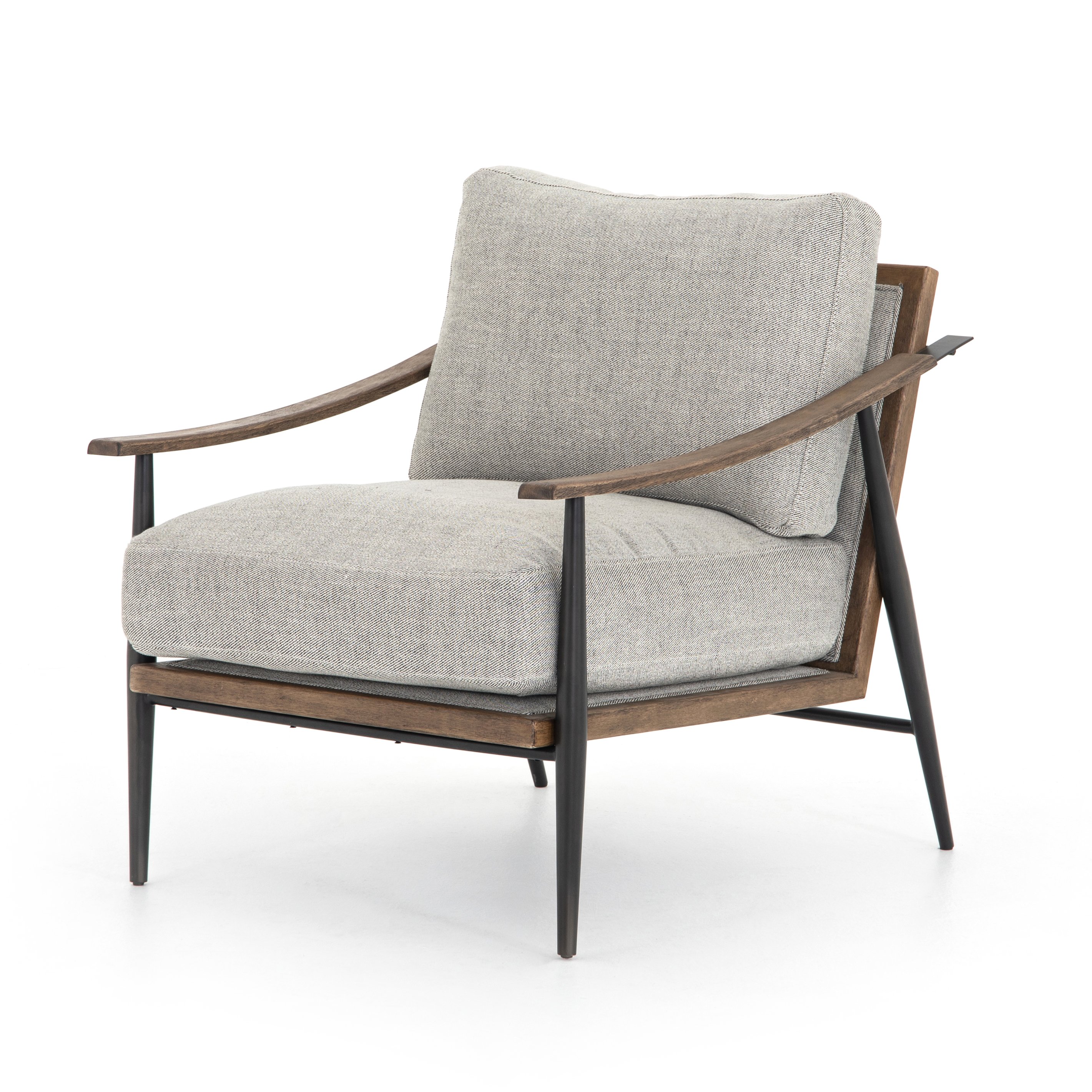 mid century modern arm chair with wooden frame and grey fabric cushions $1549.00