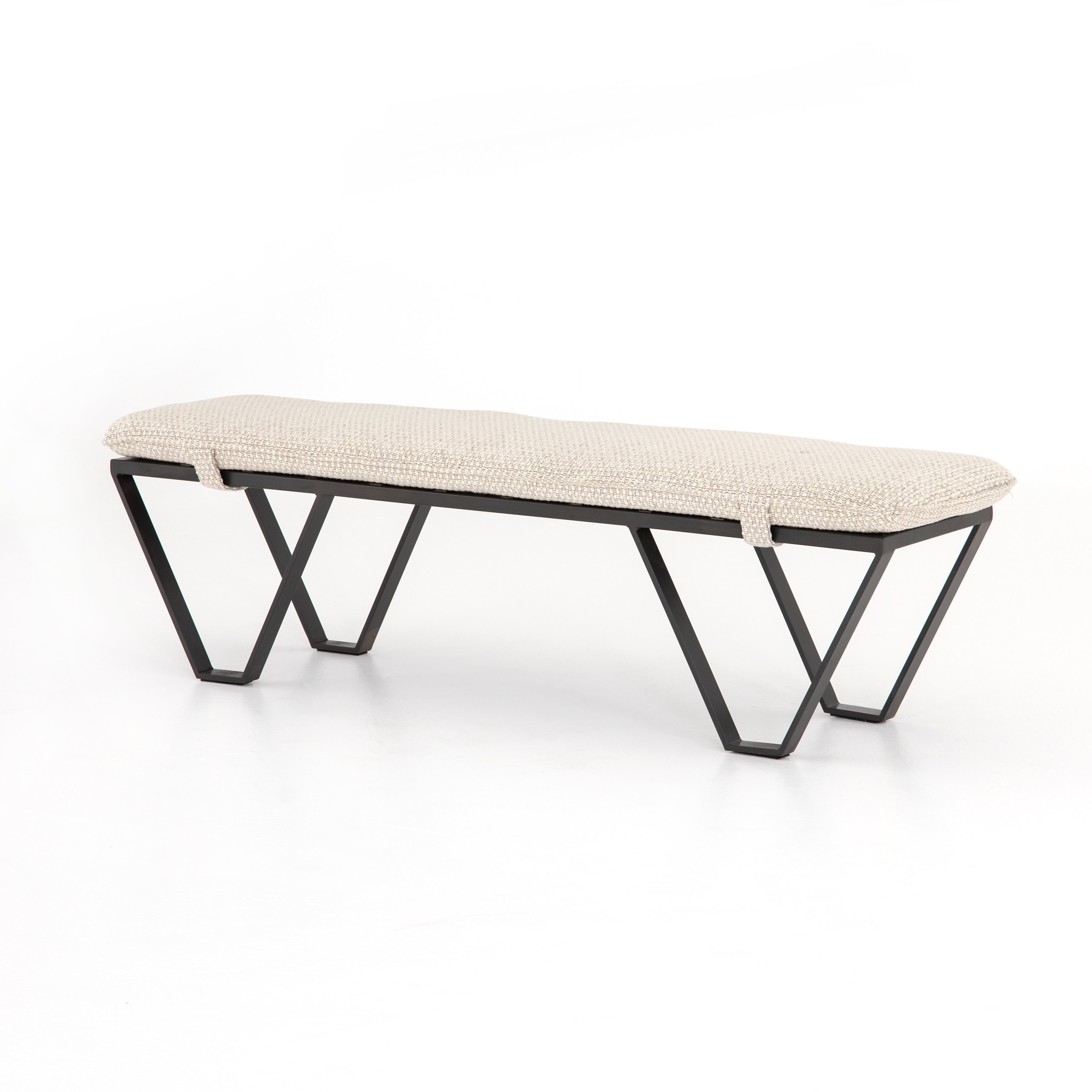 modern industrial padded cream fabric bench with metal base