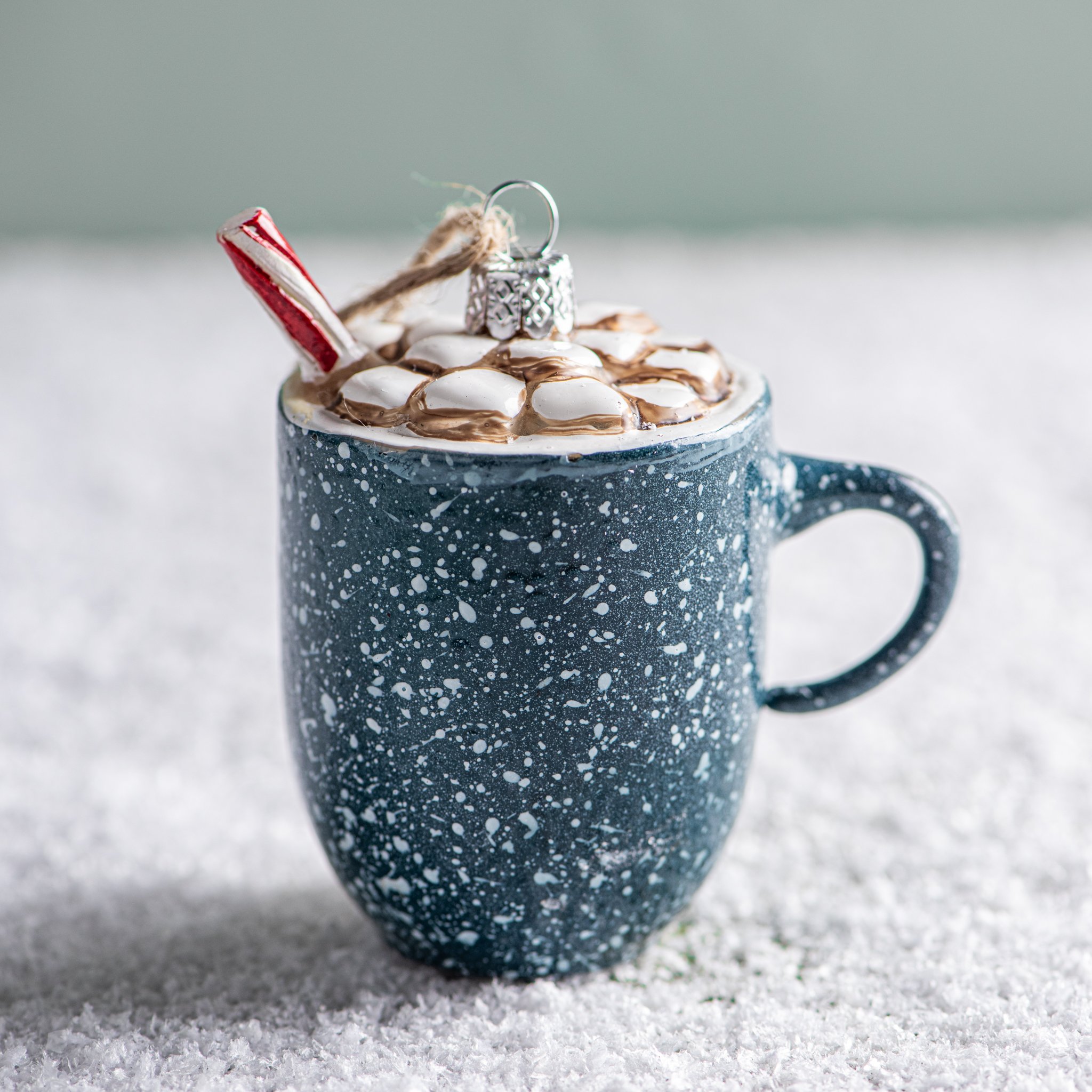 blue speckled mug with cocoa and marshmallows christmas ornament  On sale for $9.00, discounted from $18.00