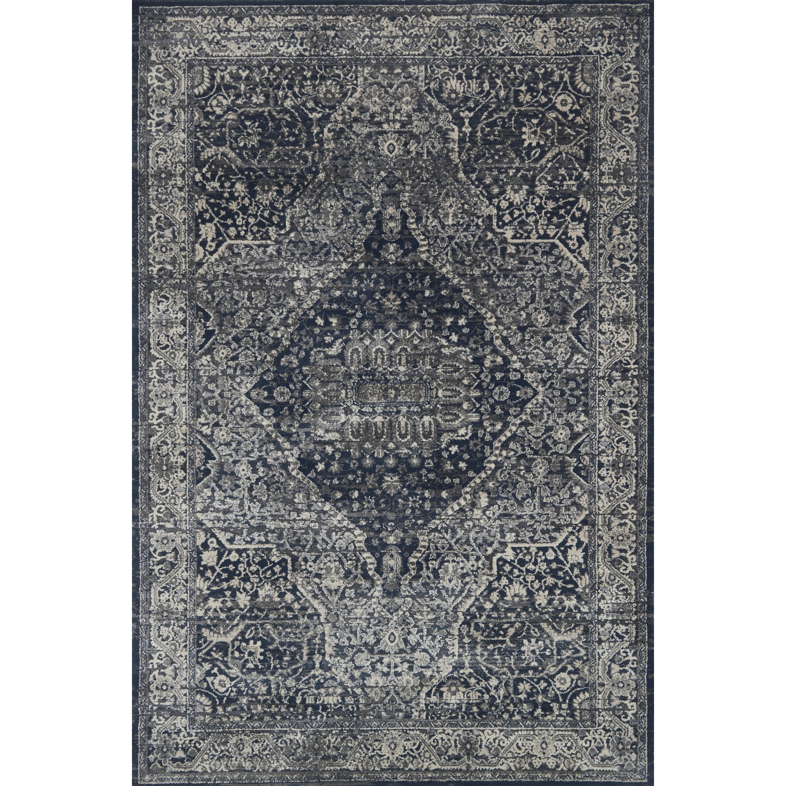 dark charcoal rug with light grey detail and traditional pattern