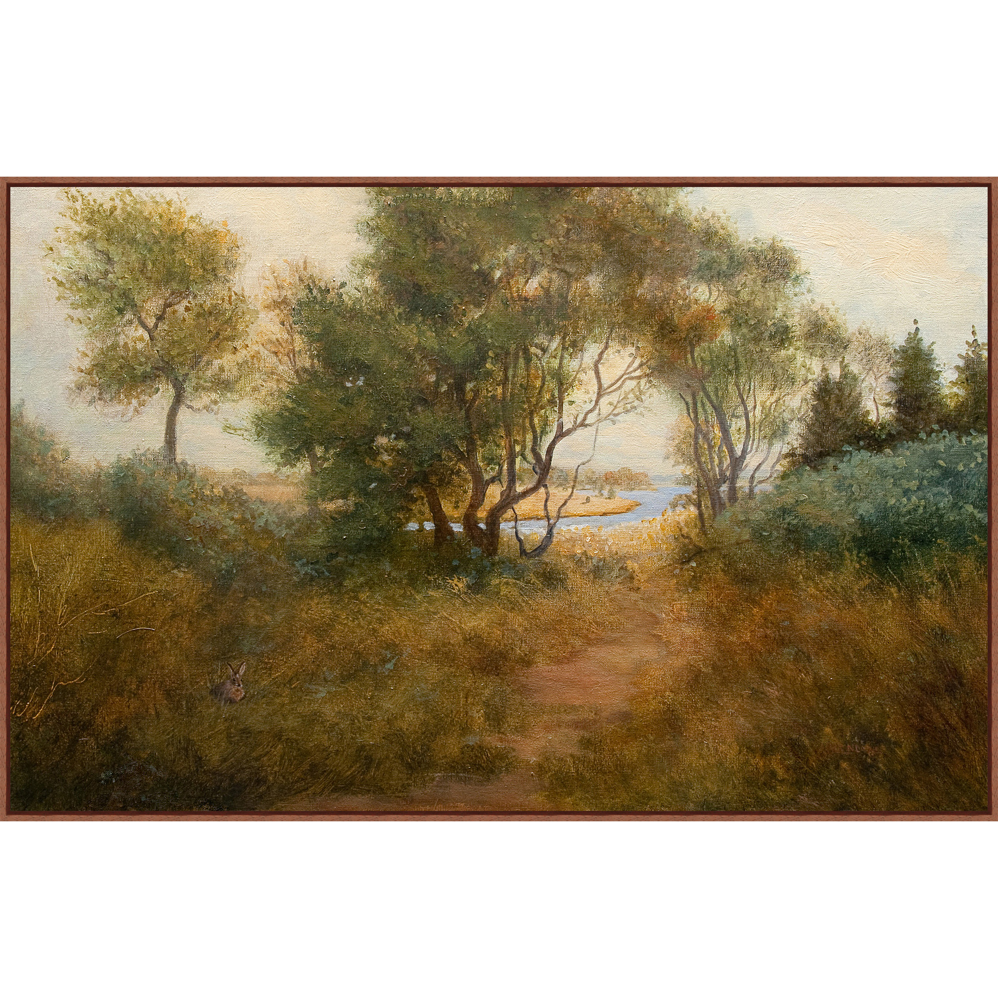 framed wall art called Brush Covered Path shows brush-covered path of autumnal tones leading to an illuminated riverside