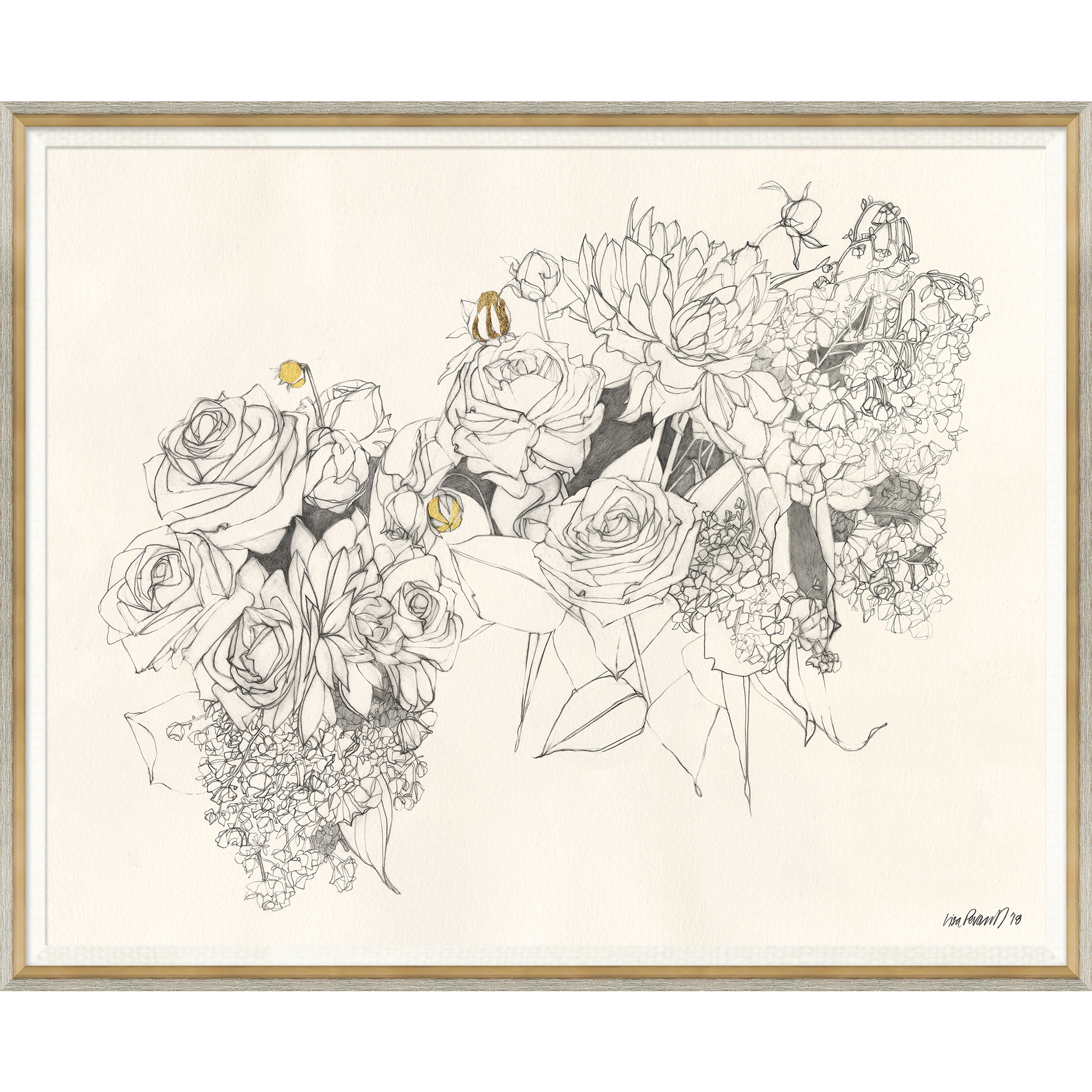 framed sketch drawing of a bouquet of flowers