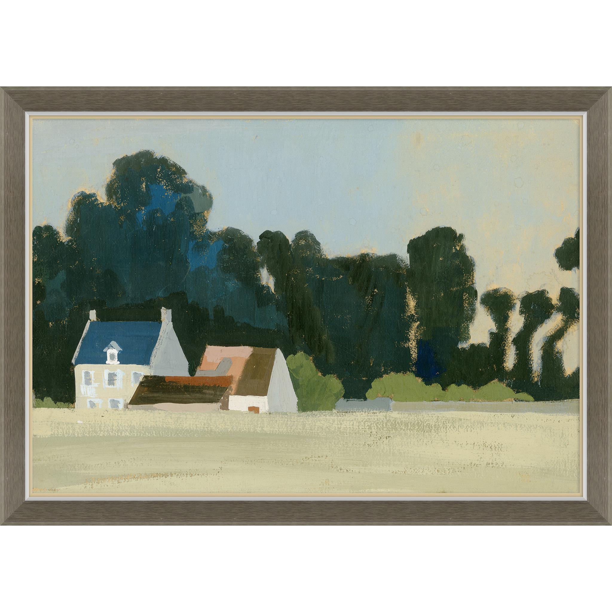 farm landscape wall art of white house next to the trees in wooden frame with small cream mat